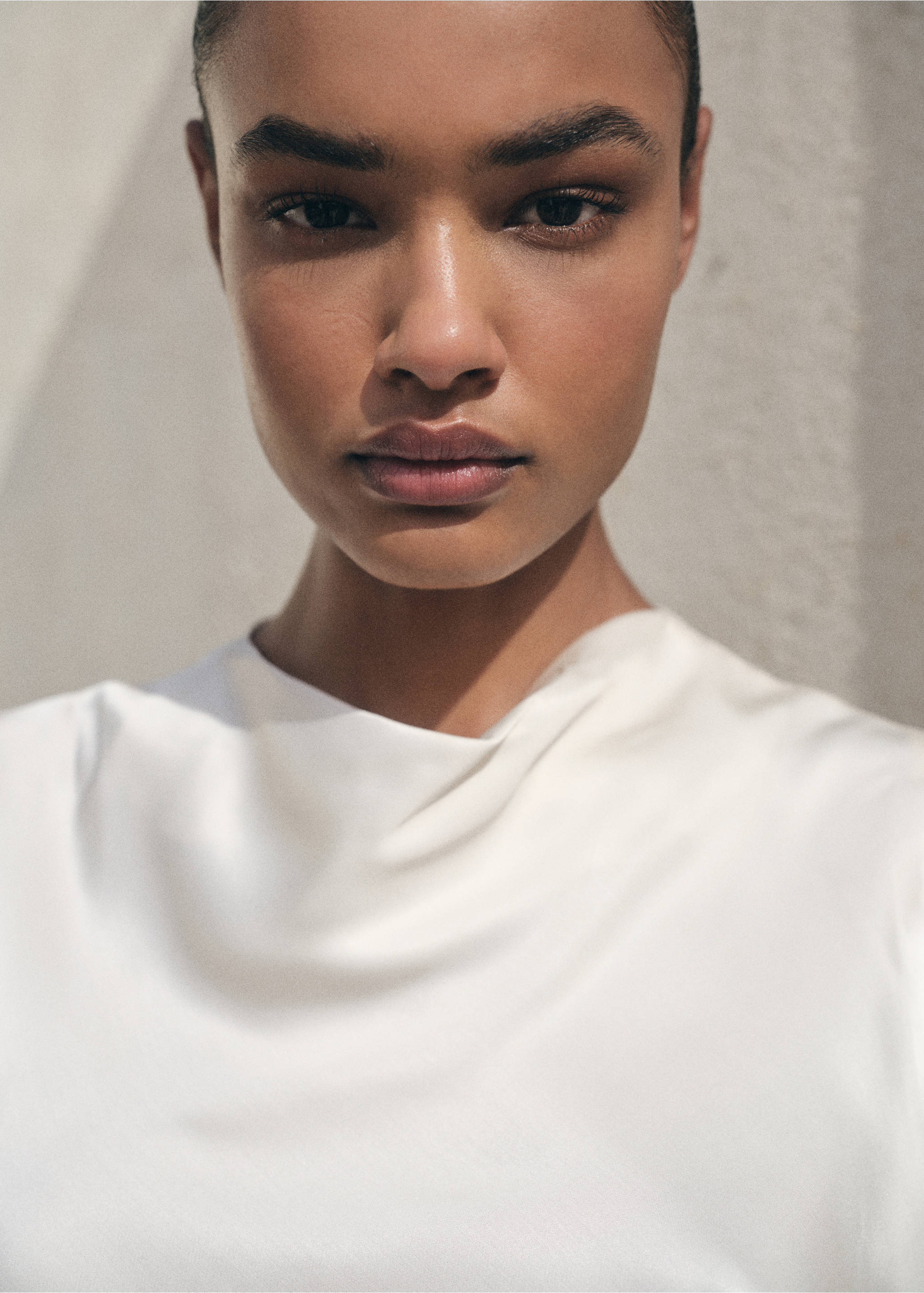 Satin blouse with draped neck - Details of the article 1, Ecru. Ref: 17064092-00.