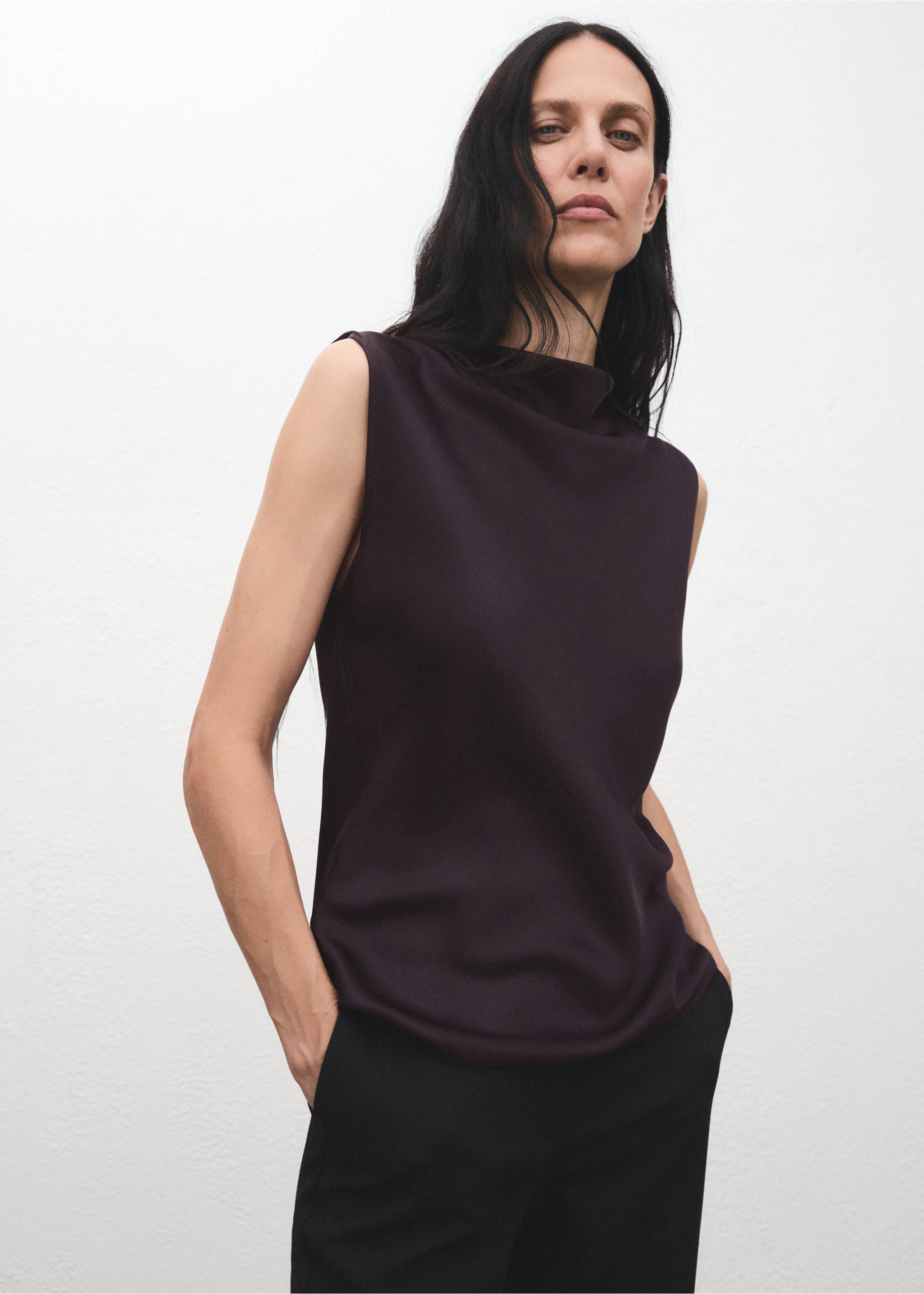 Satin blouse with draped neck - Medium plane, Burgundy. Ref: 17064092-00.