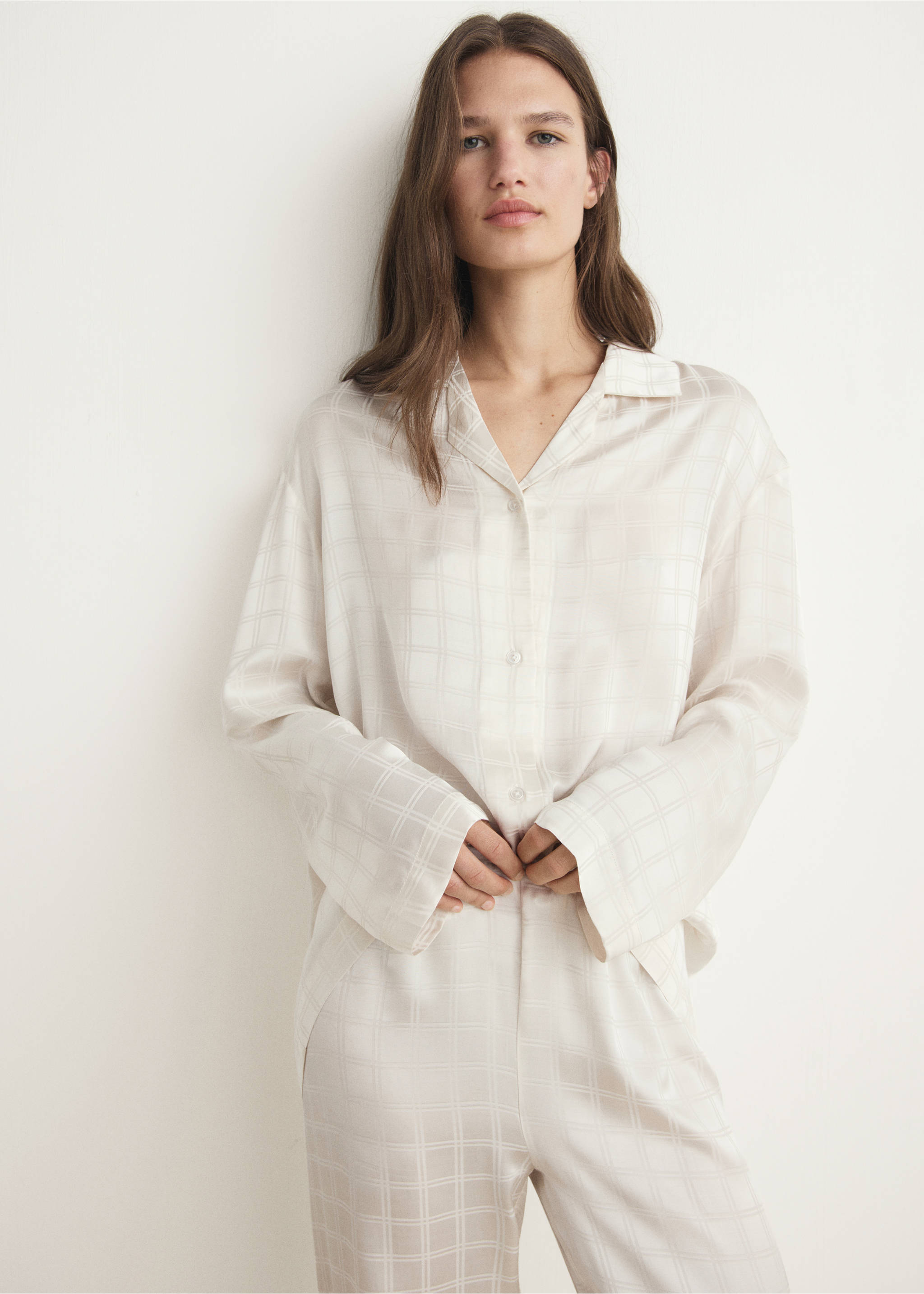 Rayon check pyjama top - Medium plane, Ivory White. Ref: 17064108-00.