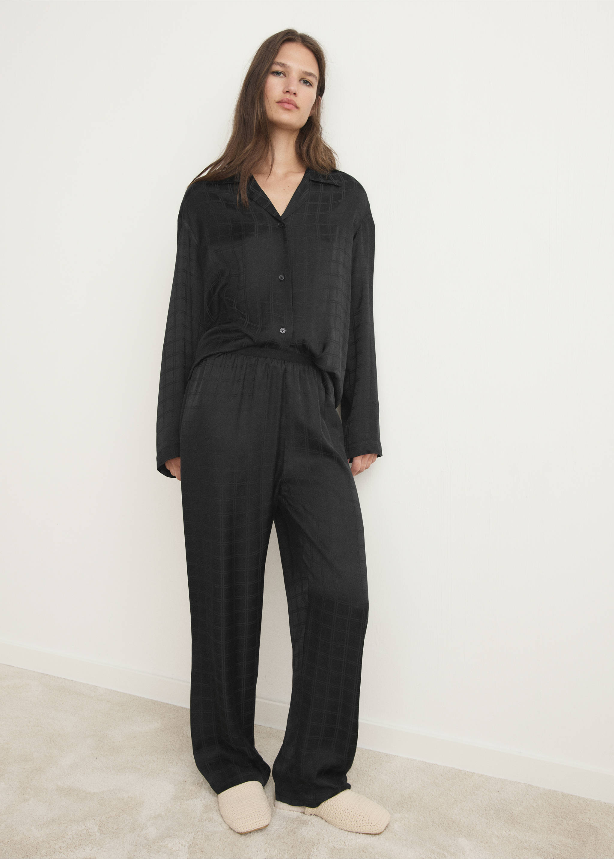 Rayon check pyjama top - General plane, Black. Ref: 17064108-00.