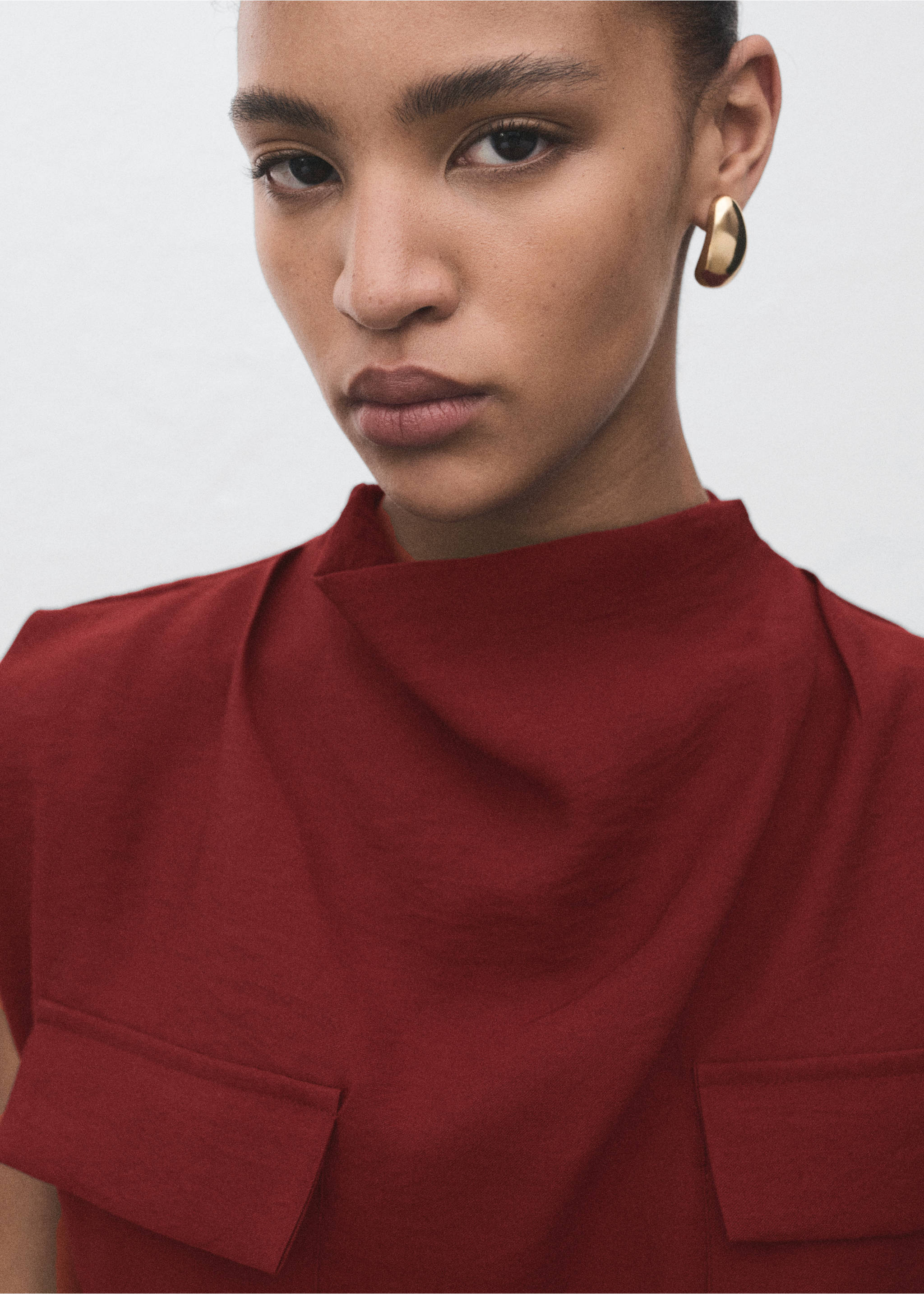 Blouse with draped neck and belt - Details of the article 1, Medium Red. Ref: 17064137-00.