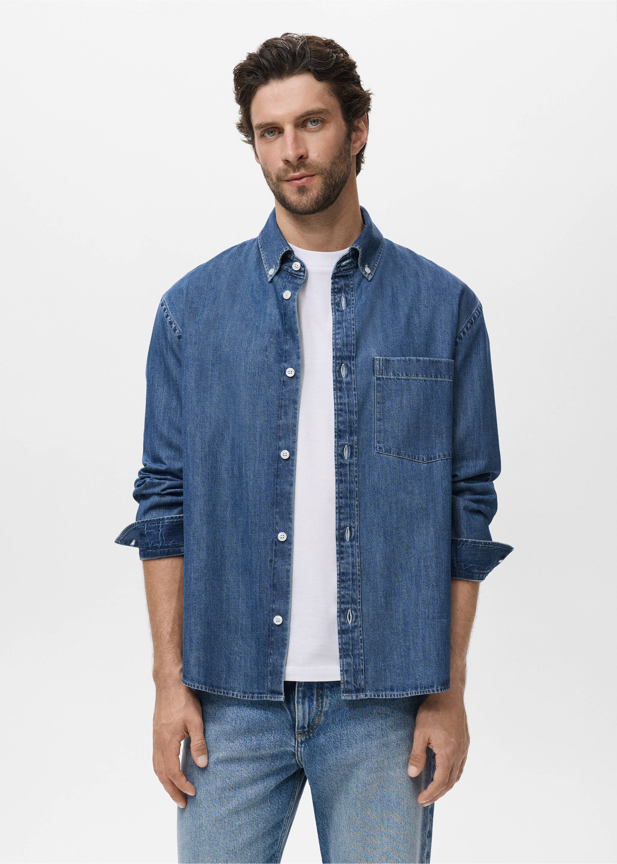Camisa denim bolsillo - Plano medio, Azul medio. Ref: 17064416-00.