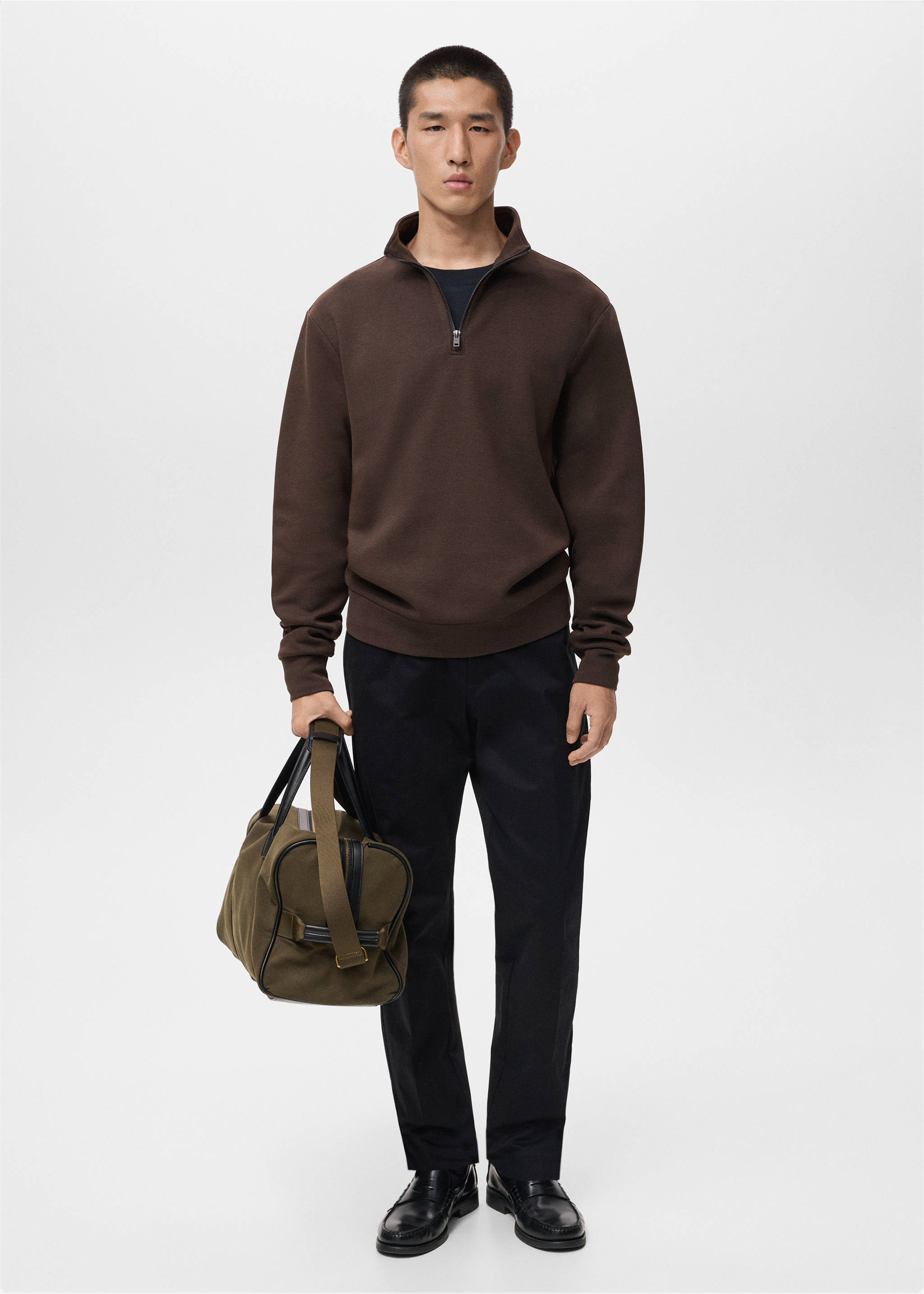 Regular-fit cotton sweatshirt with zipper - General plane, Chocolate. Ref: 17064426-00.