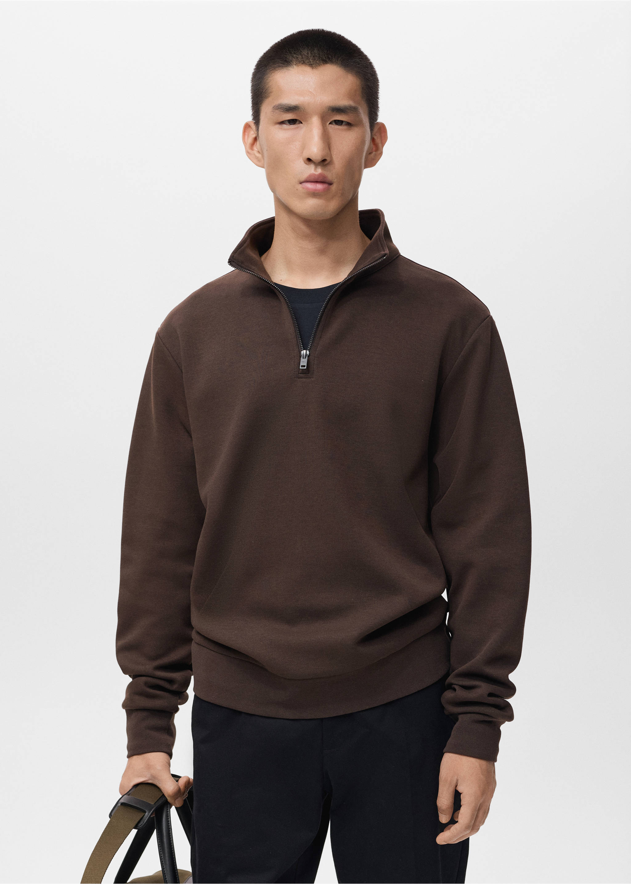 Regular-fit cotton sweatshirt with zipper - Medium plane, Chocolate. Ref: 17064426-00.