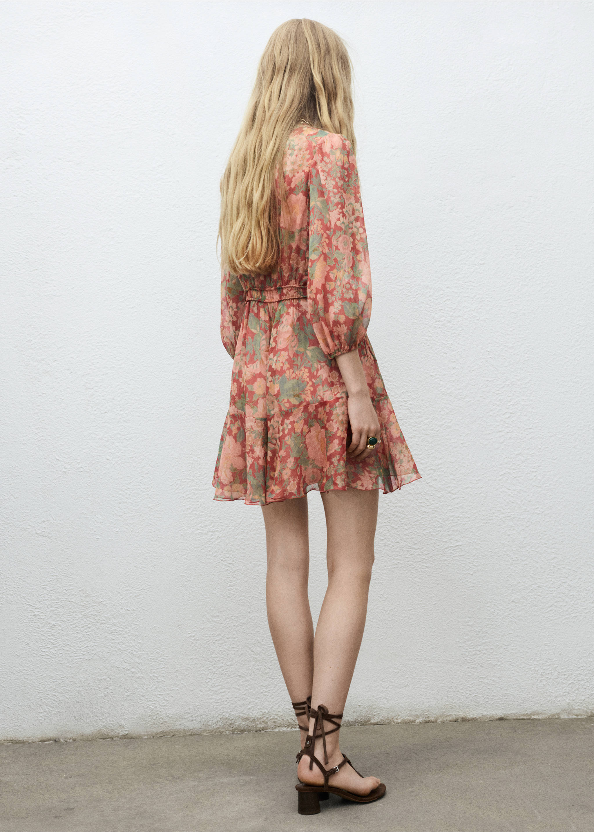Floral puff-sleeve dress - Reverse of the article, Maroon. Ref: 17064447-00.