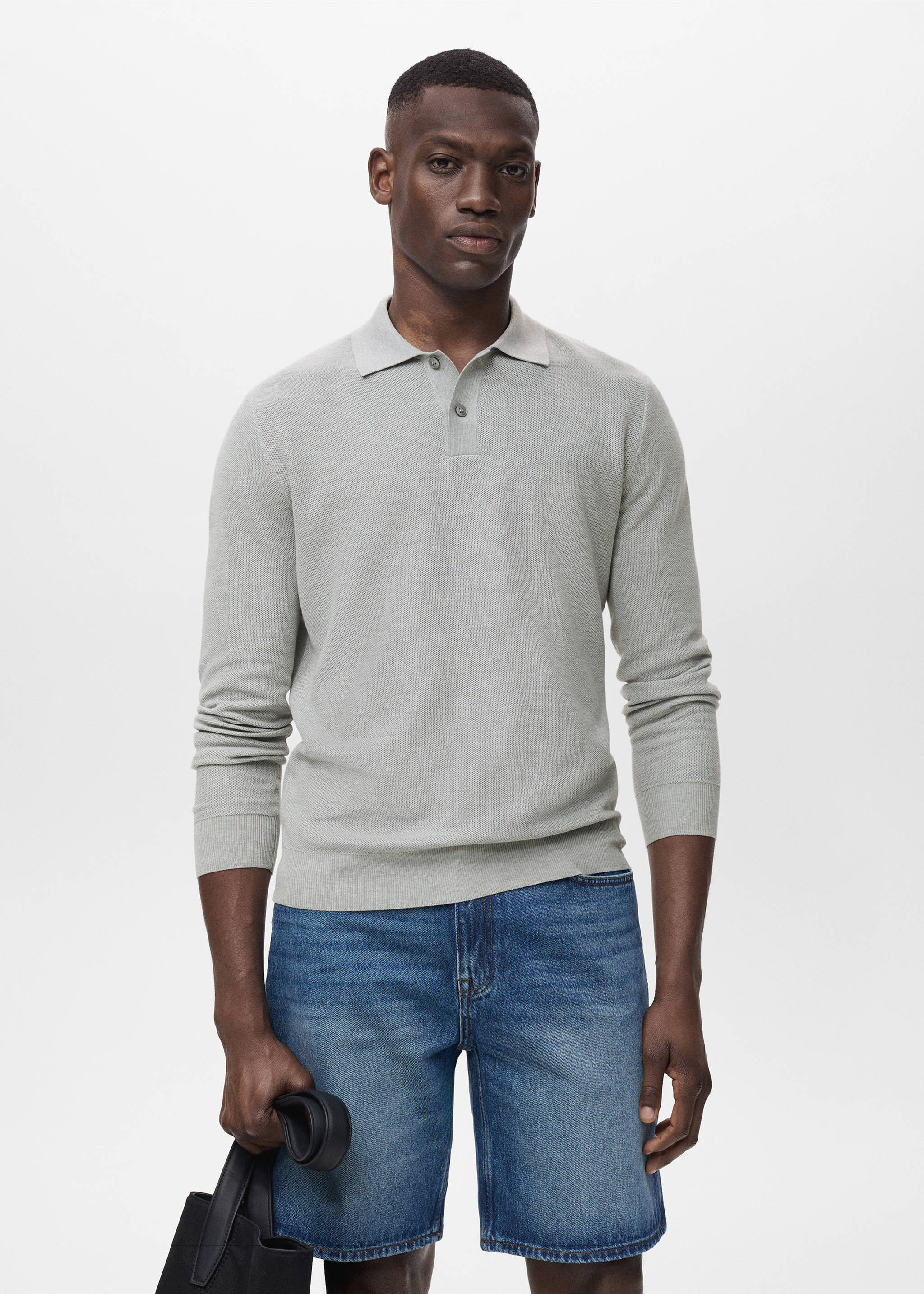 Micro-structured cotton polo shirt - Medium plane, Medium Heather Grey. Ref: 17065145-00.