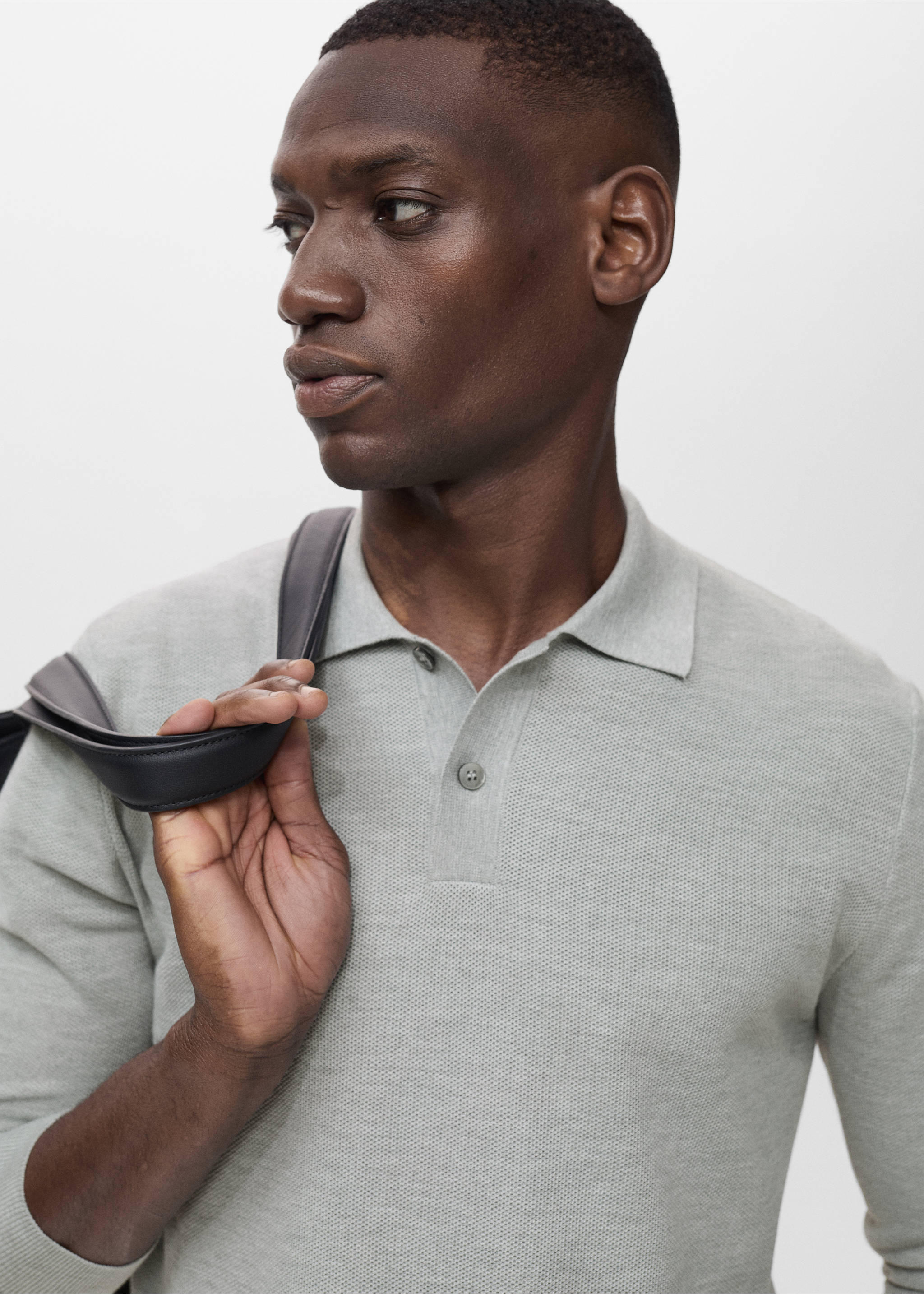 Micro-structured cotton polo shirt - Details of the article 1, Medium Heather Grey. Ref: 17065145-00.