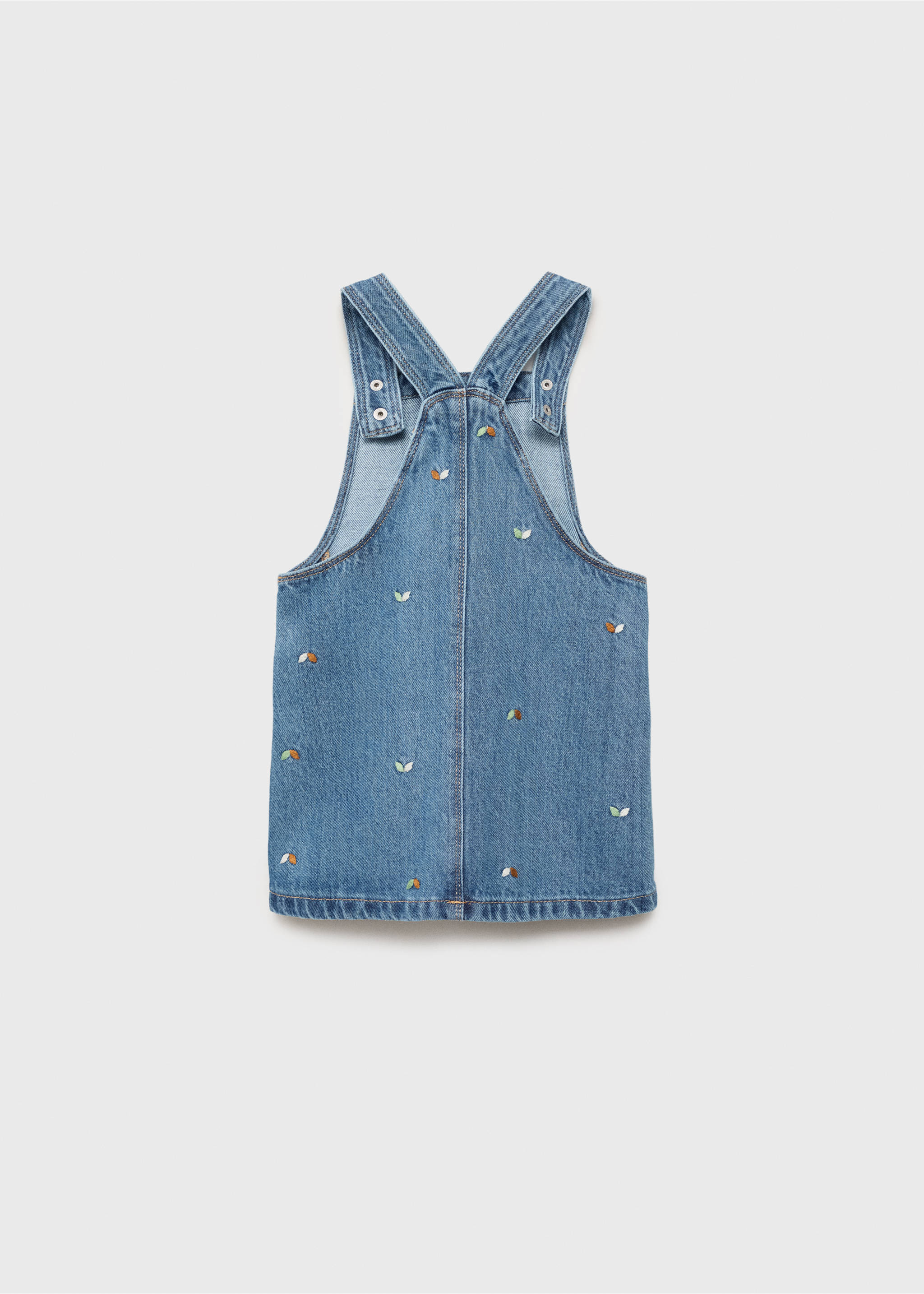 Broderad förklädesklänning i denim - Artikelns baksida, Mellanblå. Ref: 17065154-00.