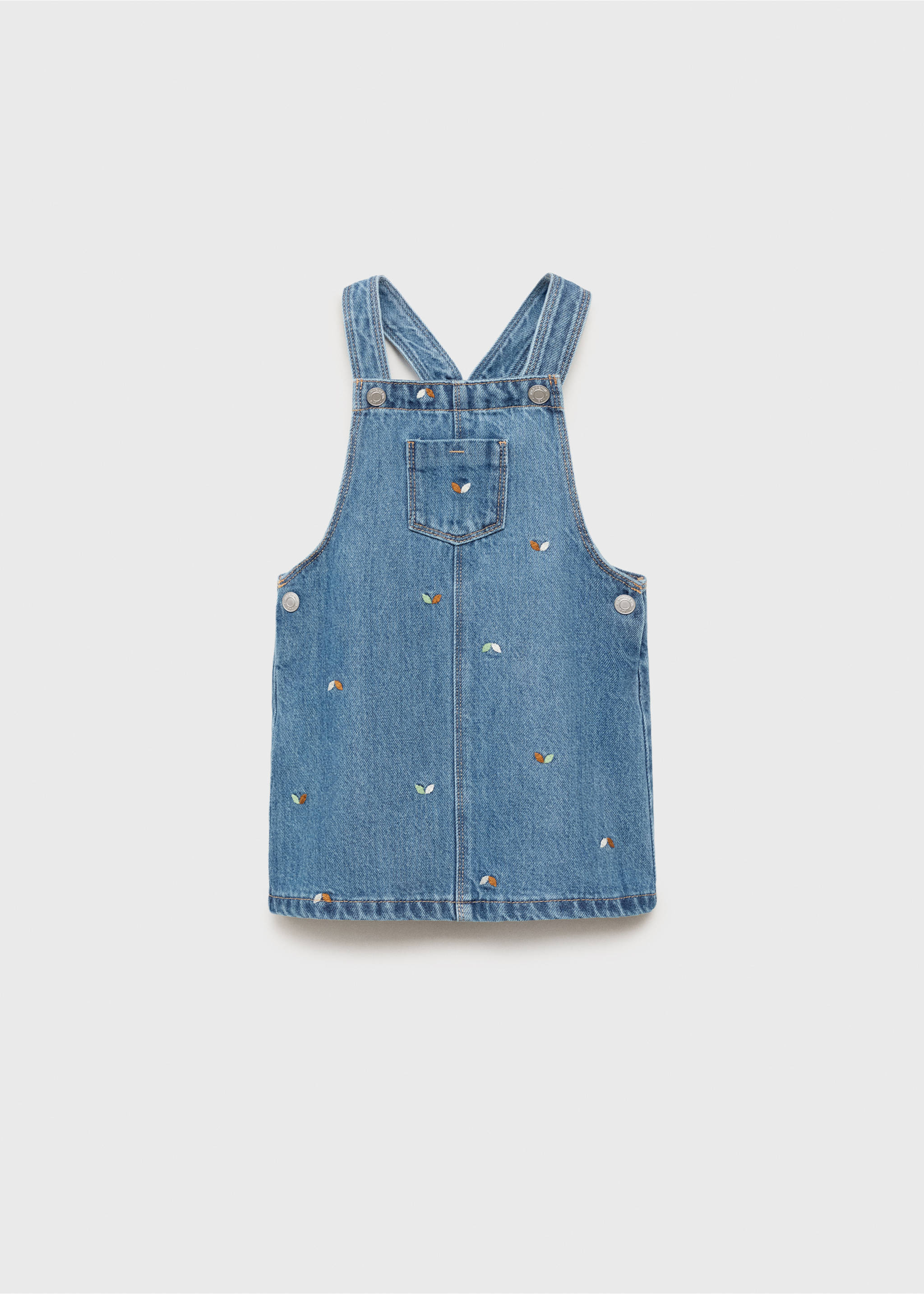 Broderad förklädesklänning i denim - Artikel utan modell, Mellanblå. Ref: 17065154-00.