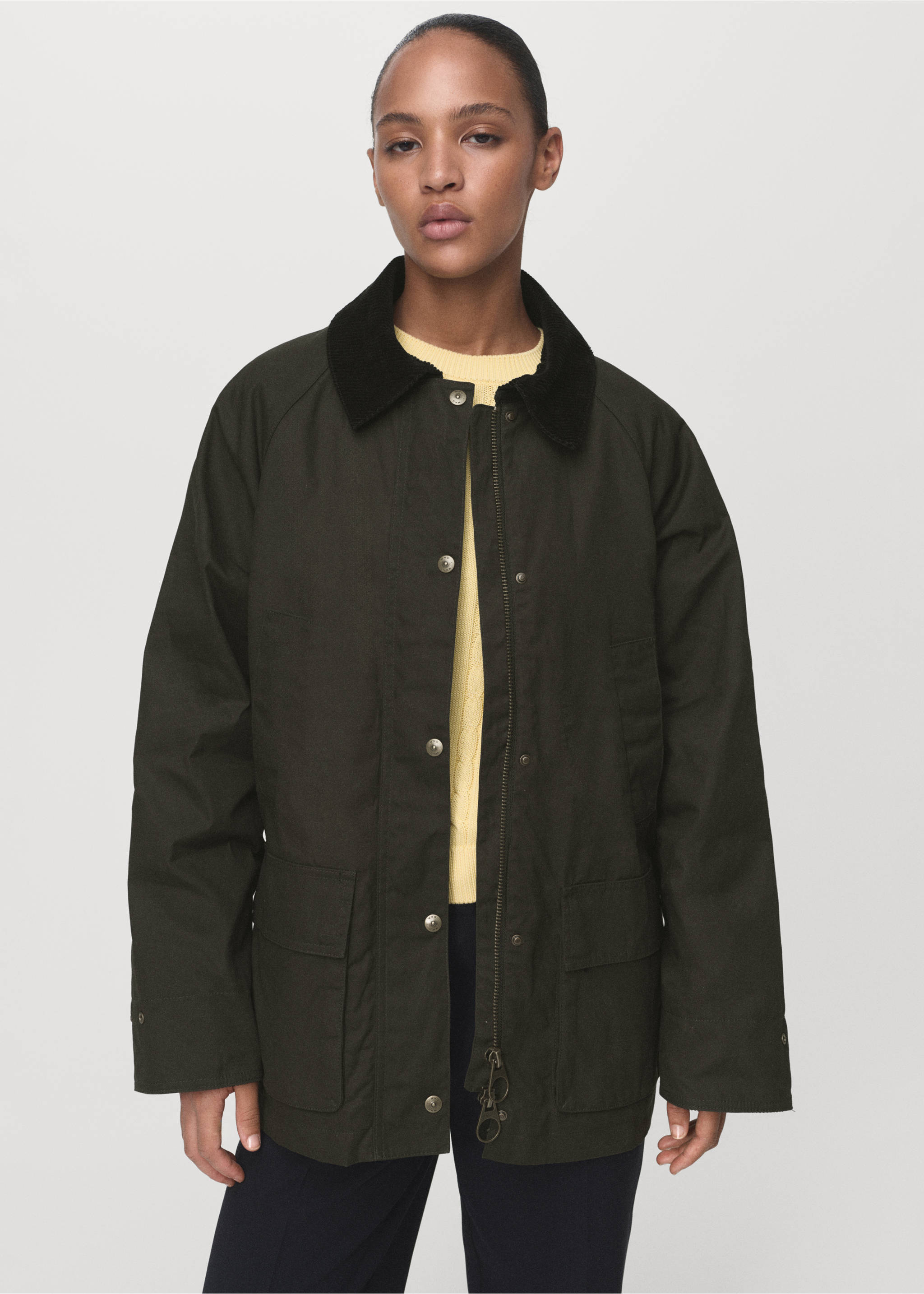 Cotton parka with corduroy collar - Medium plane, Khaki. Ref: 17065789-00.