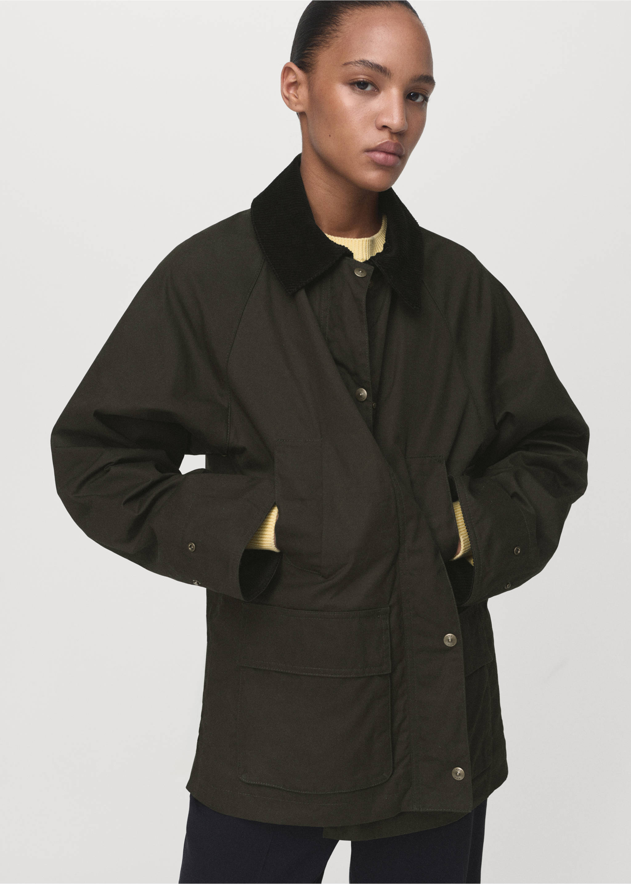 Cotton parka with corduroy collar - Details of the article 2, Khaki. Ref: 17065789-00.
