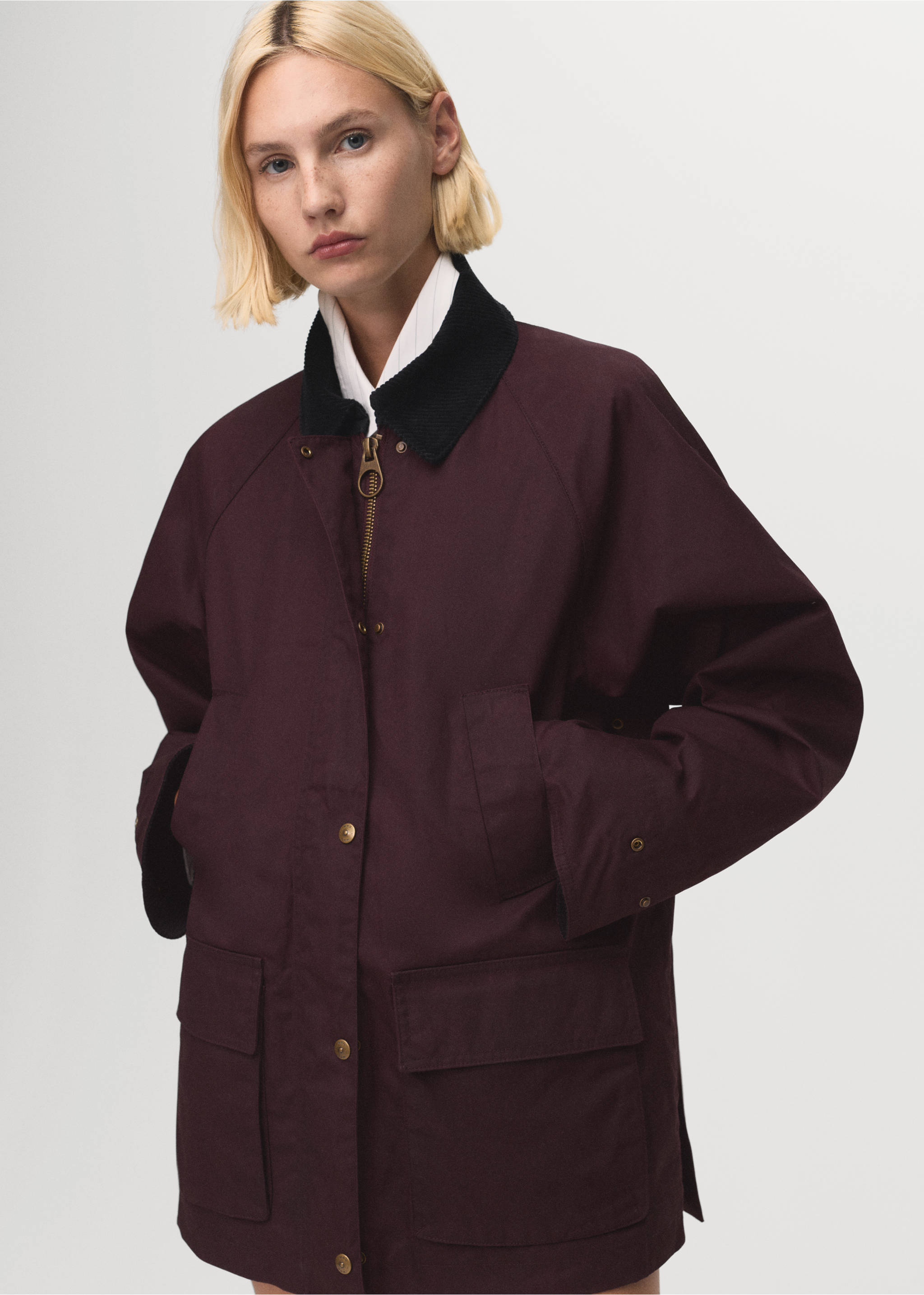 Cotton parka with corduroy collar - Medium plane, Burgundy. Ref: 17065789-00.