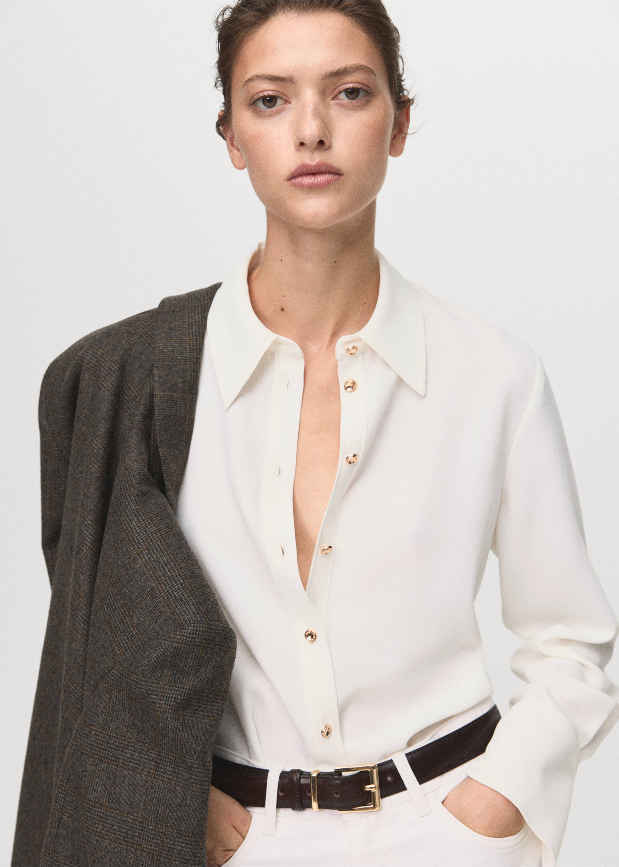 Shirt with jewel buttons - Medium plane, Off White. Ref: 17065804-00.
