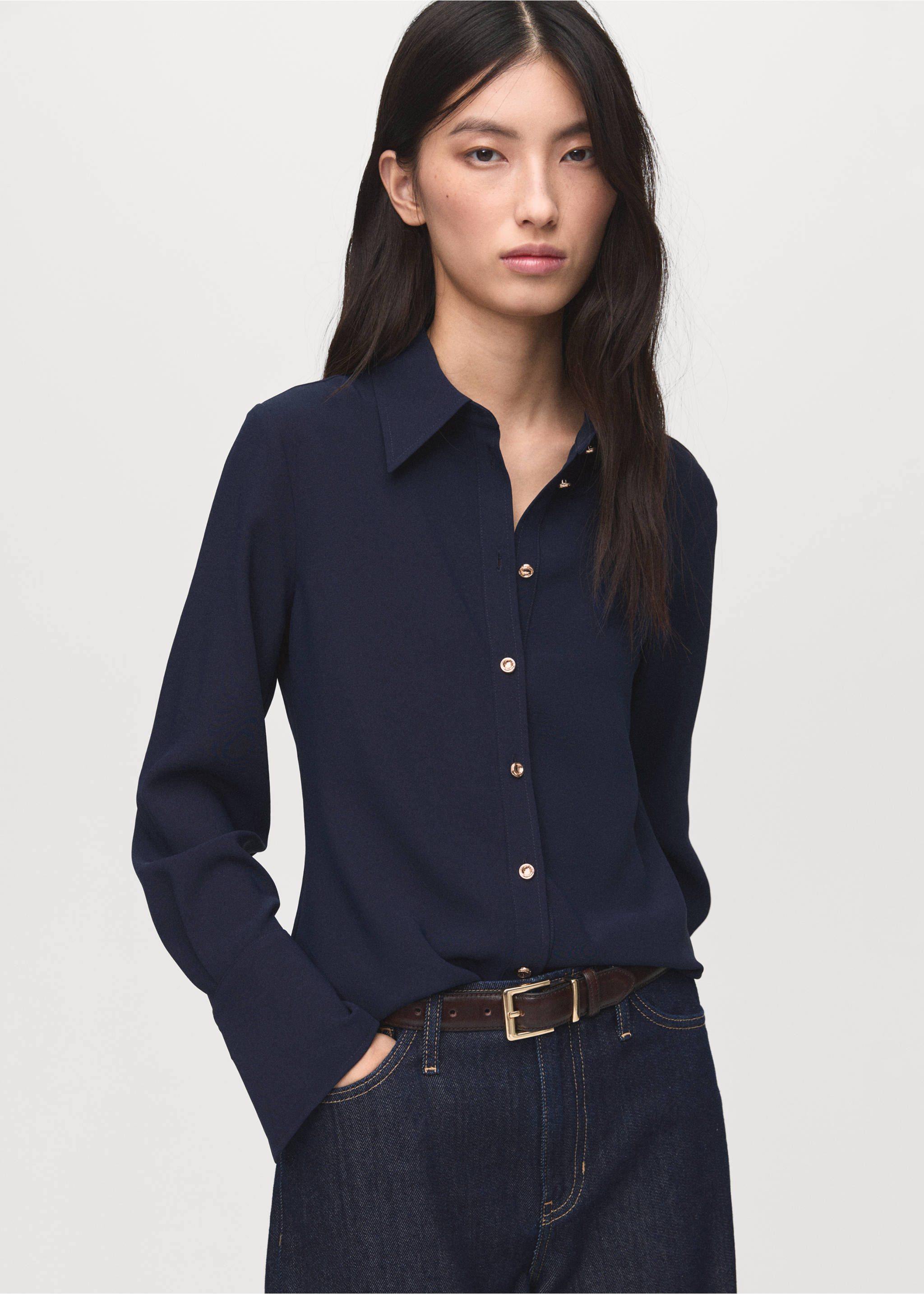 Shirt with jewel buttons - Medium plane, Navy. Ref: 17065804-00.