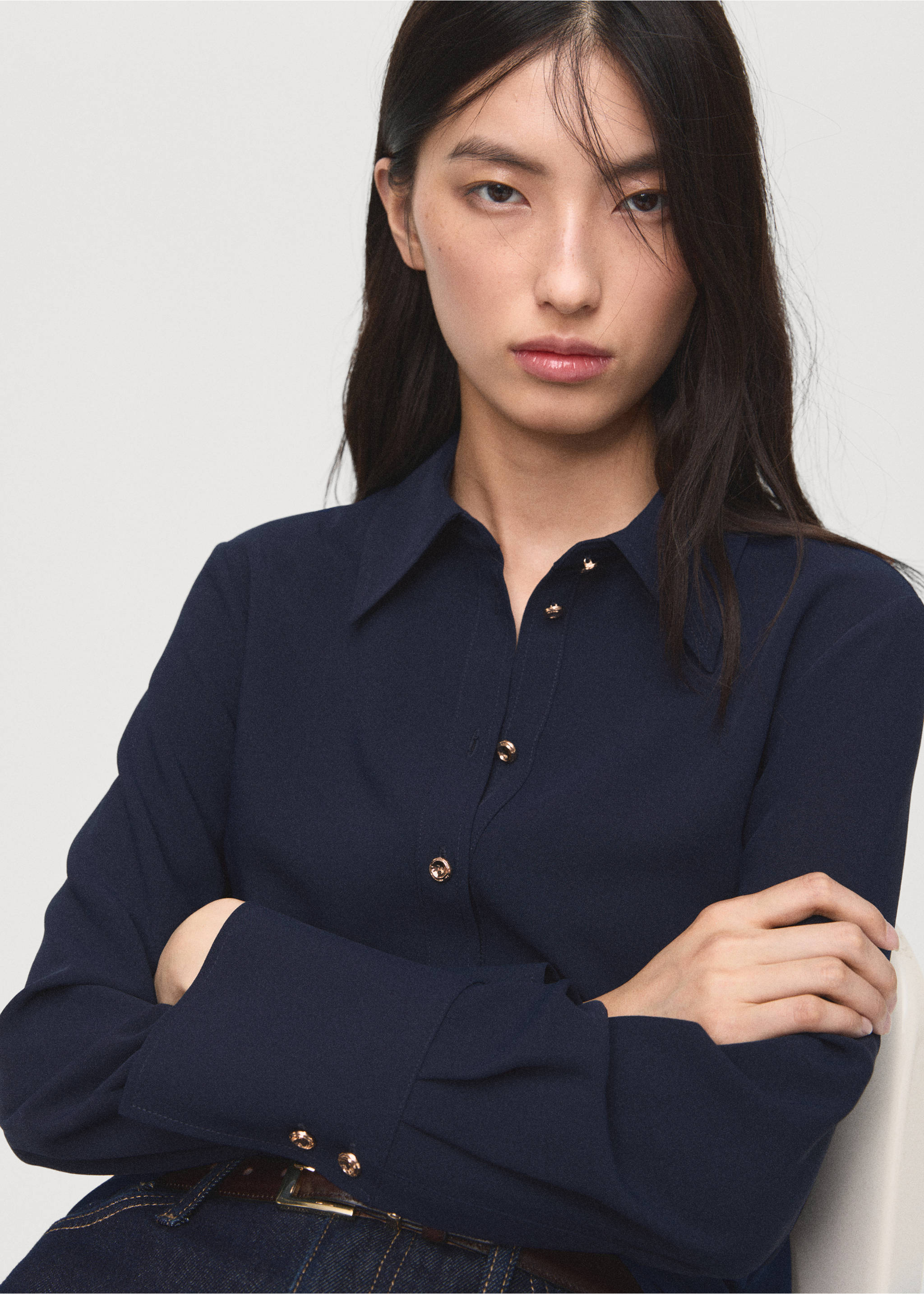 Shirt with jewel buttons - Details of the article 1, Navy. Ref: 17065804-00.