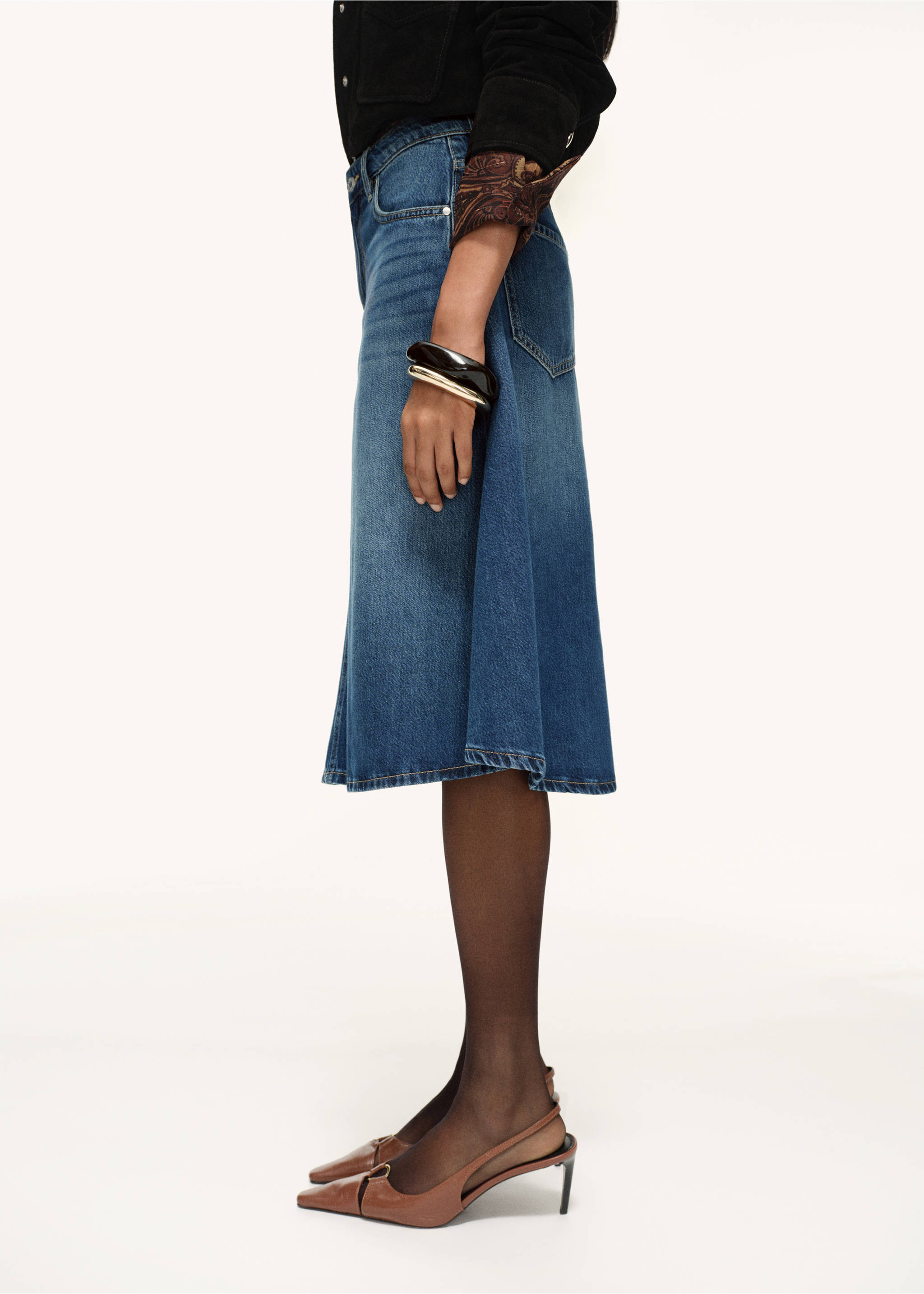 Midi denim skirt - Details of the article 1, Dark Blue. Ref: 17065814-00.