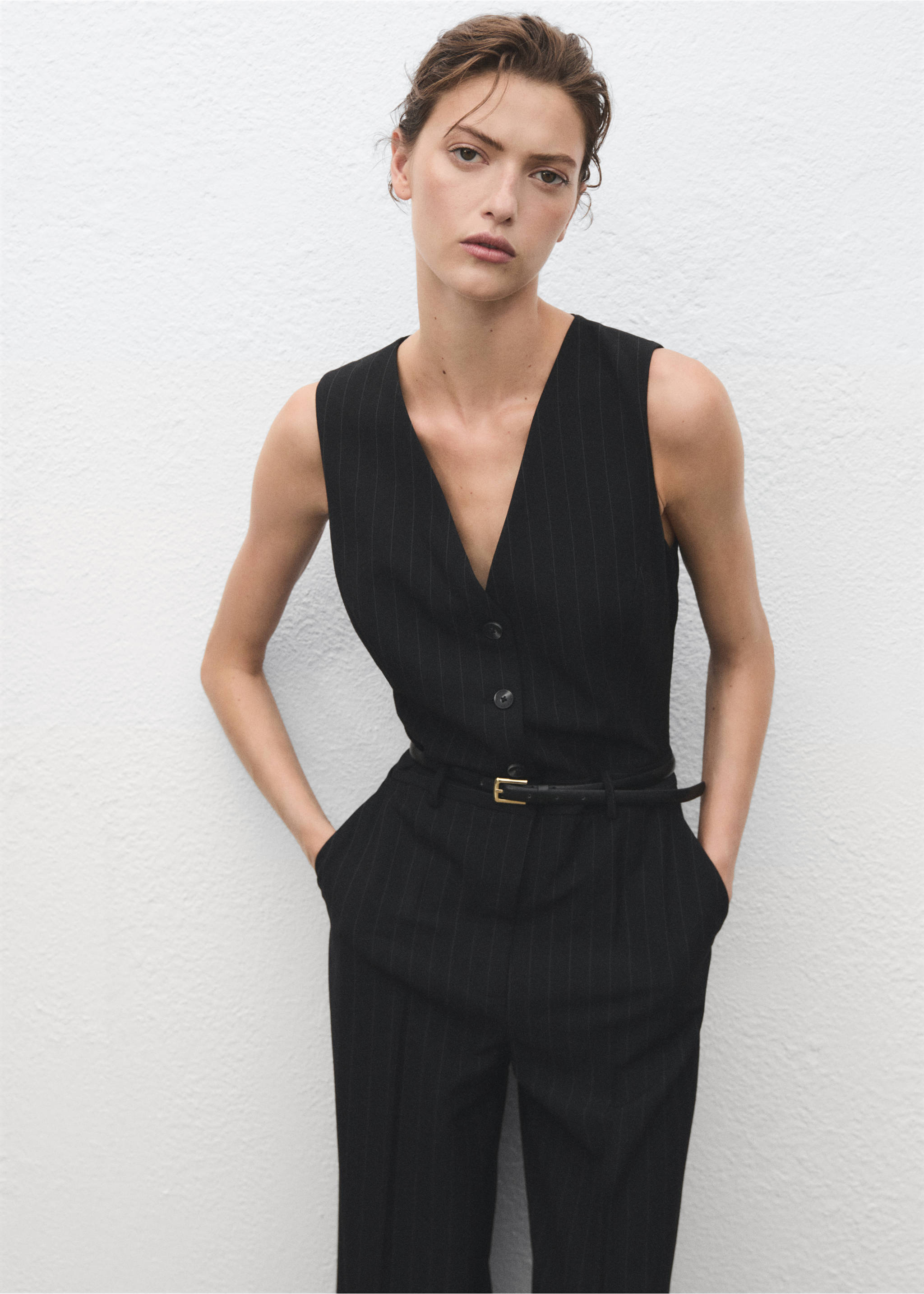 Pinstripe jumpsuit with belt - Medium plane, Dark Navy. Ref: 17065818-00.