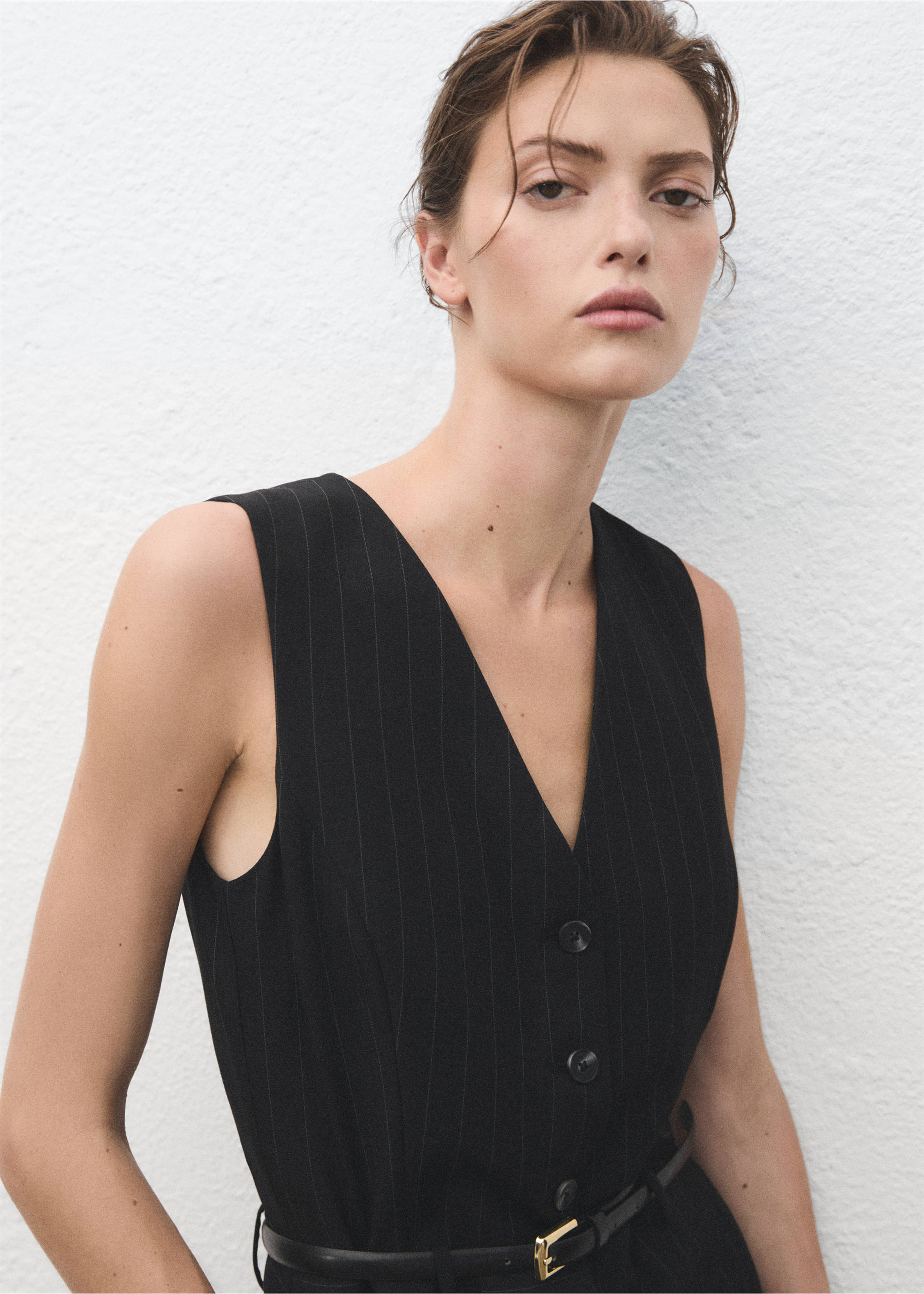 Pinstripe jumpsuit with belt - Details of the article 1, Dark Navy. Ref: 17065818-00.