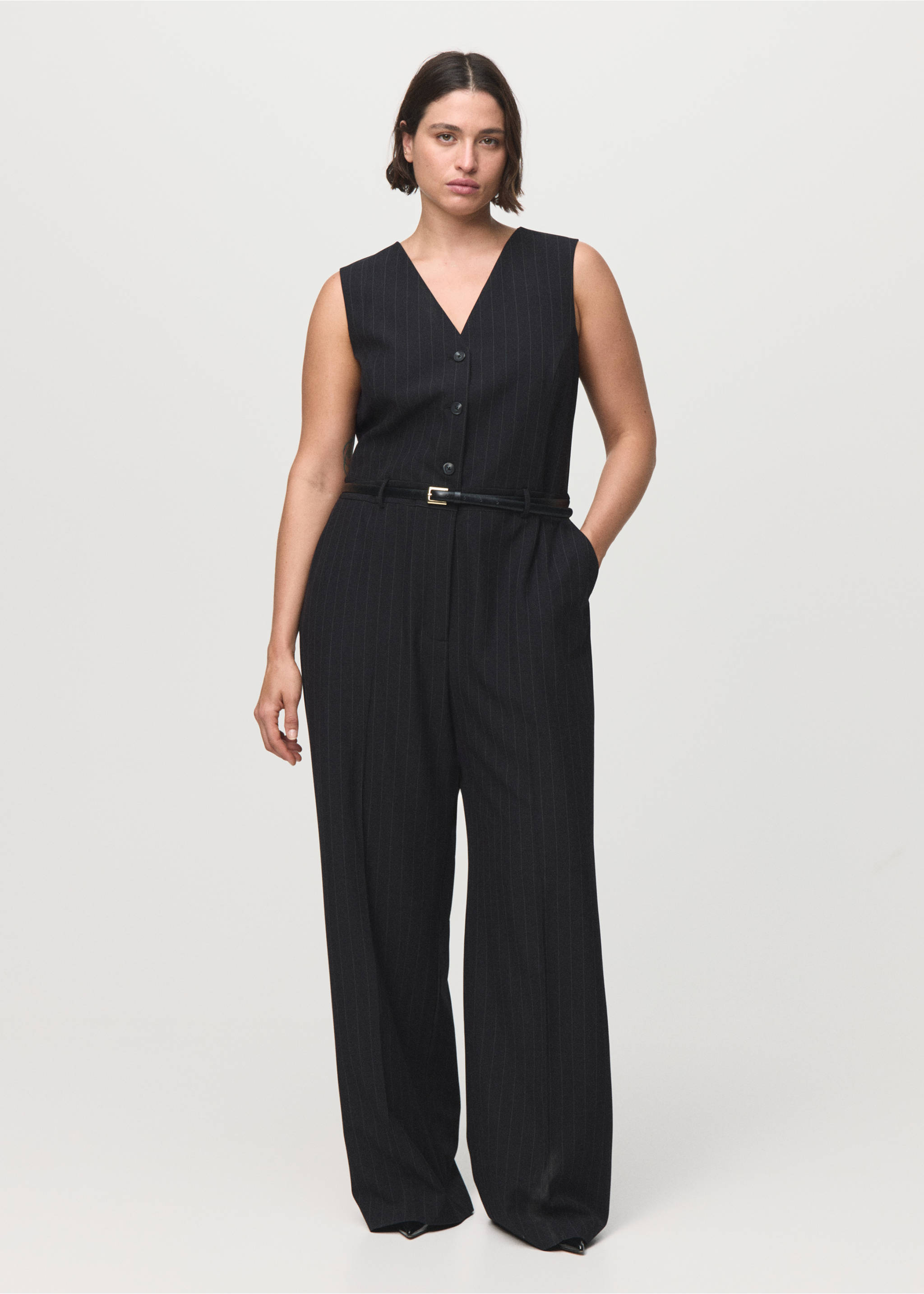 Pinstripe jumpsuit with belt - Details of the article 6, Dark Navy. Ref: 17065818-00.