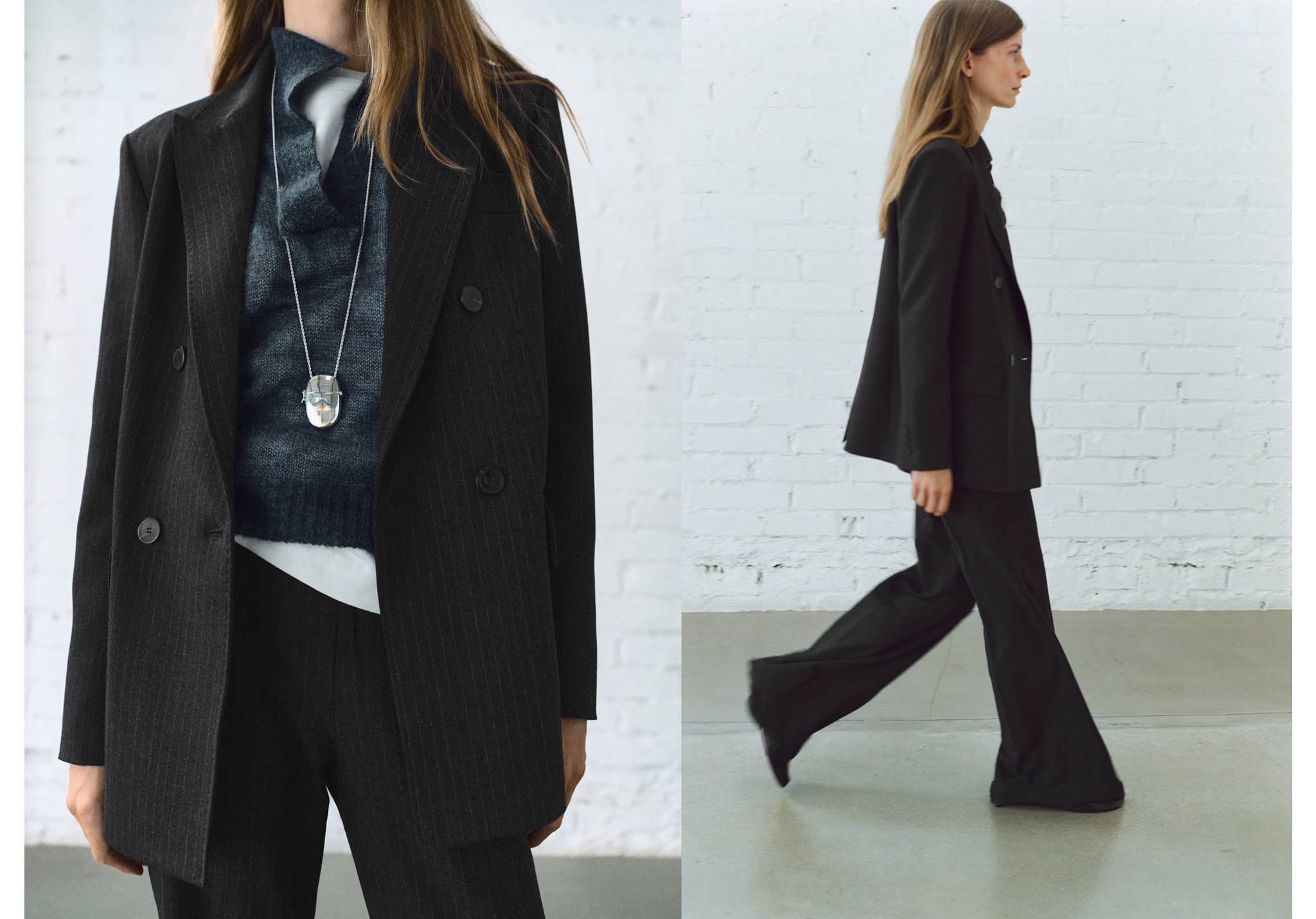 Dark grey pinstripe double-breasted blazer worn in a two-panel view.
