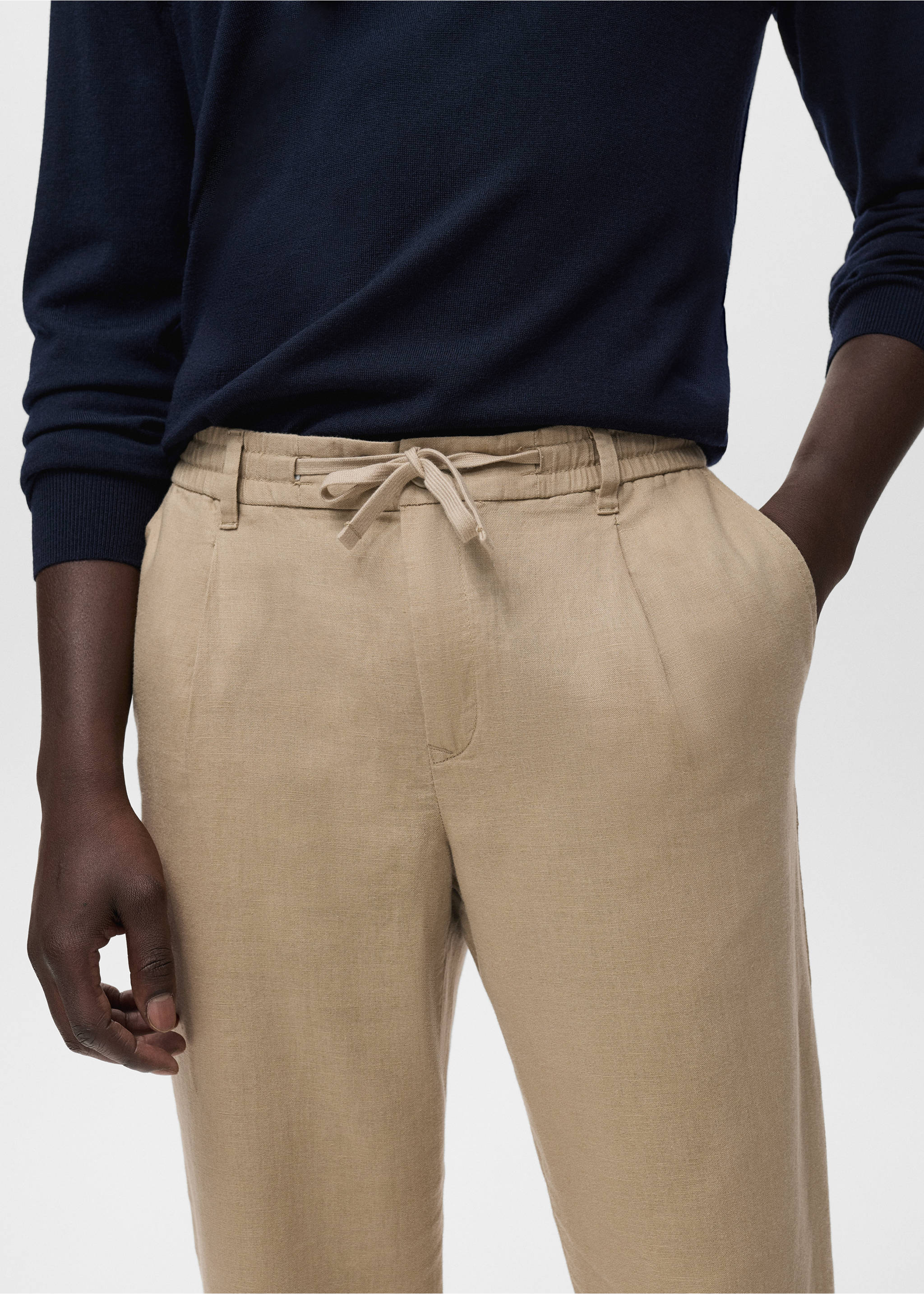 Slim-fit trousers with drawstring - Details of the article 1, Beige. Ref: 17065975-00.