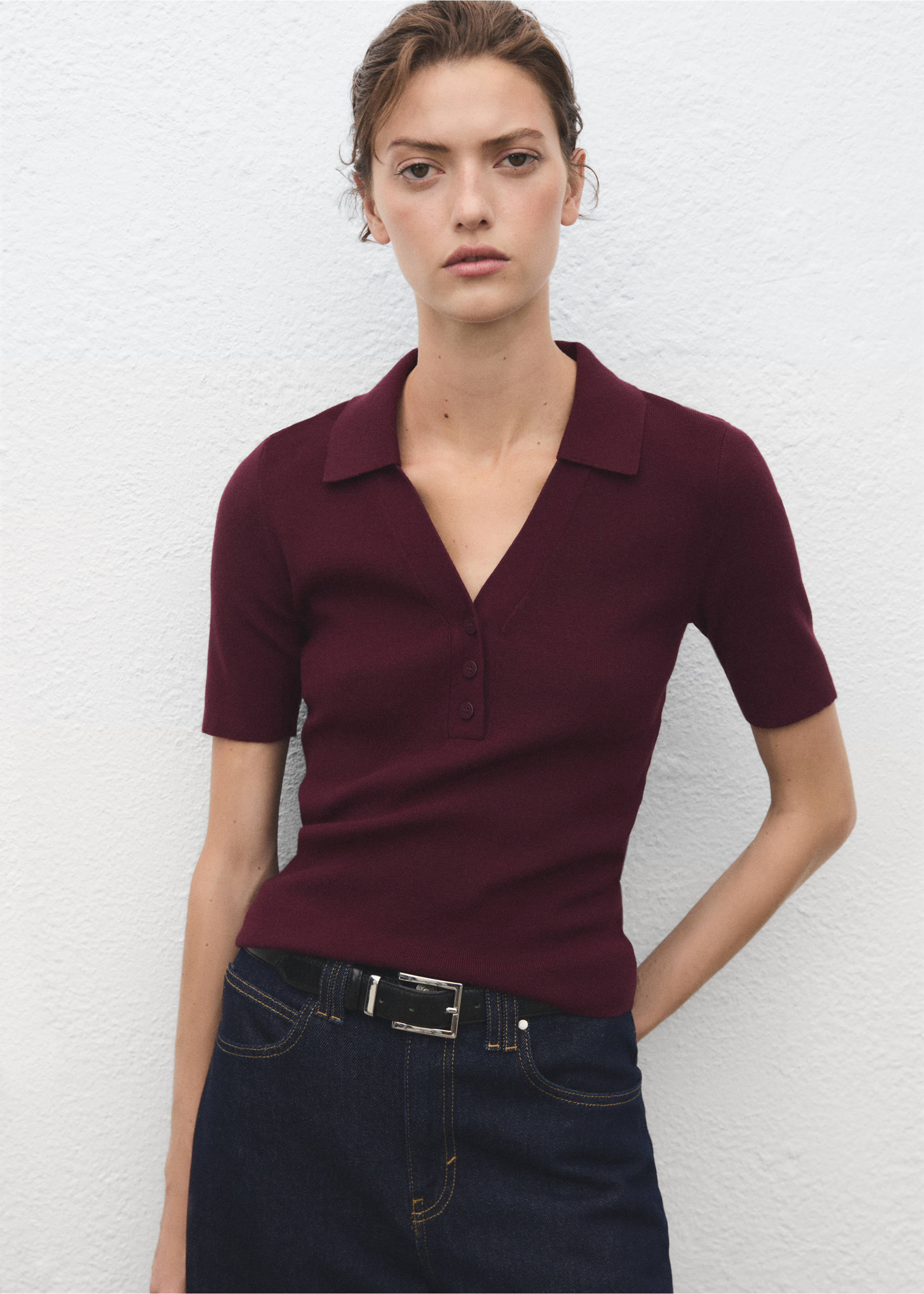 Fine-knit sweater with shirt collar - Medium plane, Wine. Ref: 17065981-00.