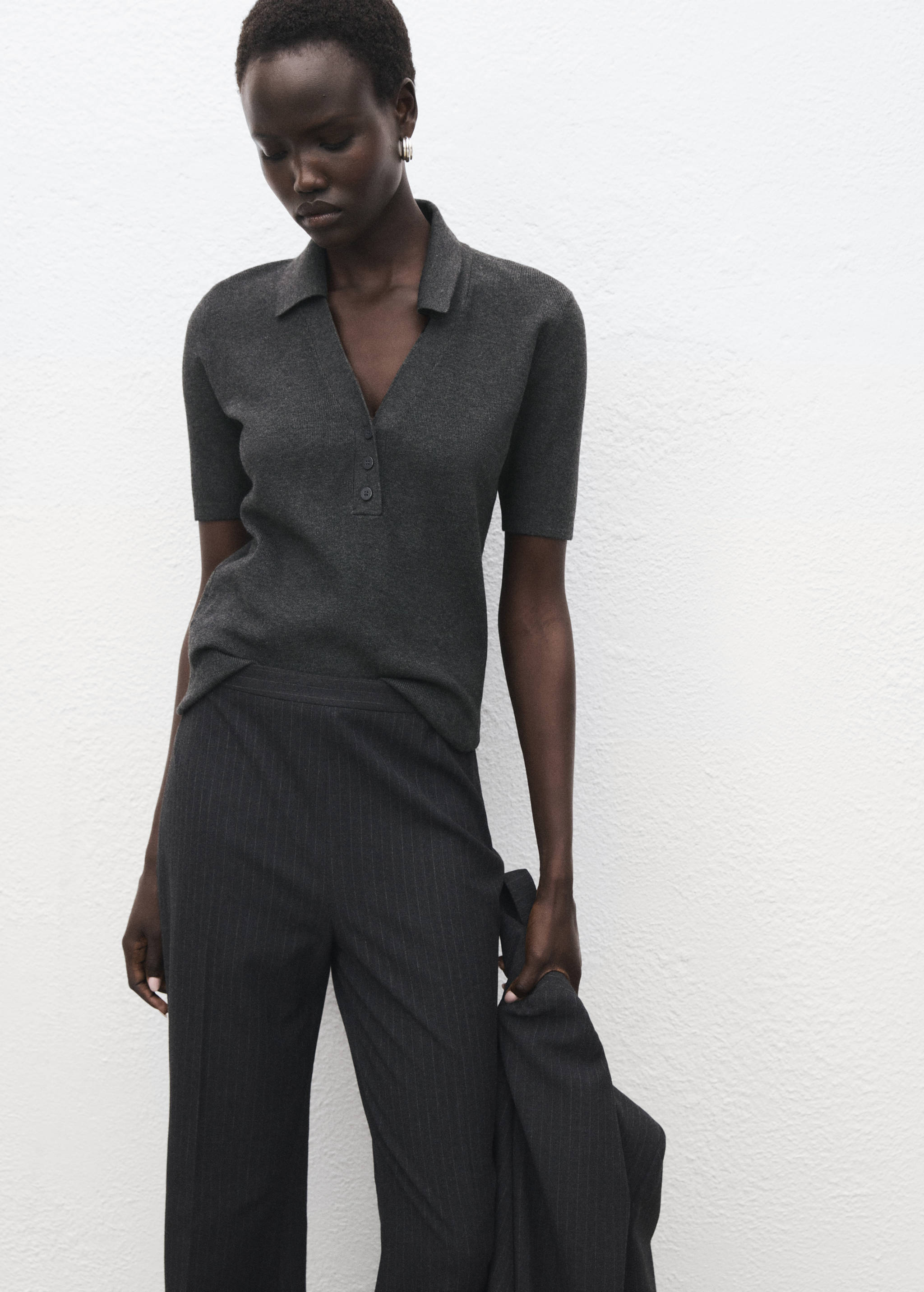 Fine-knit sweater with shirt collar - Medium plane