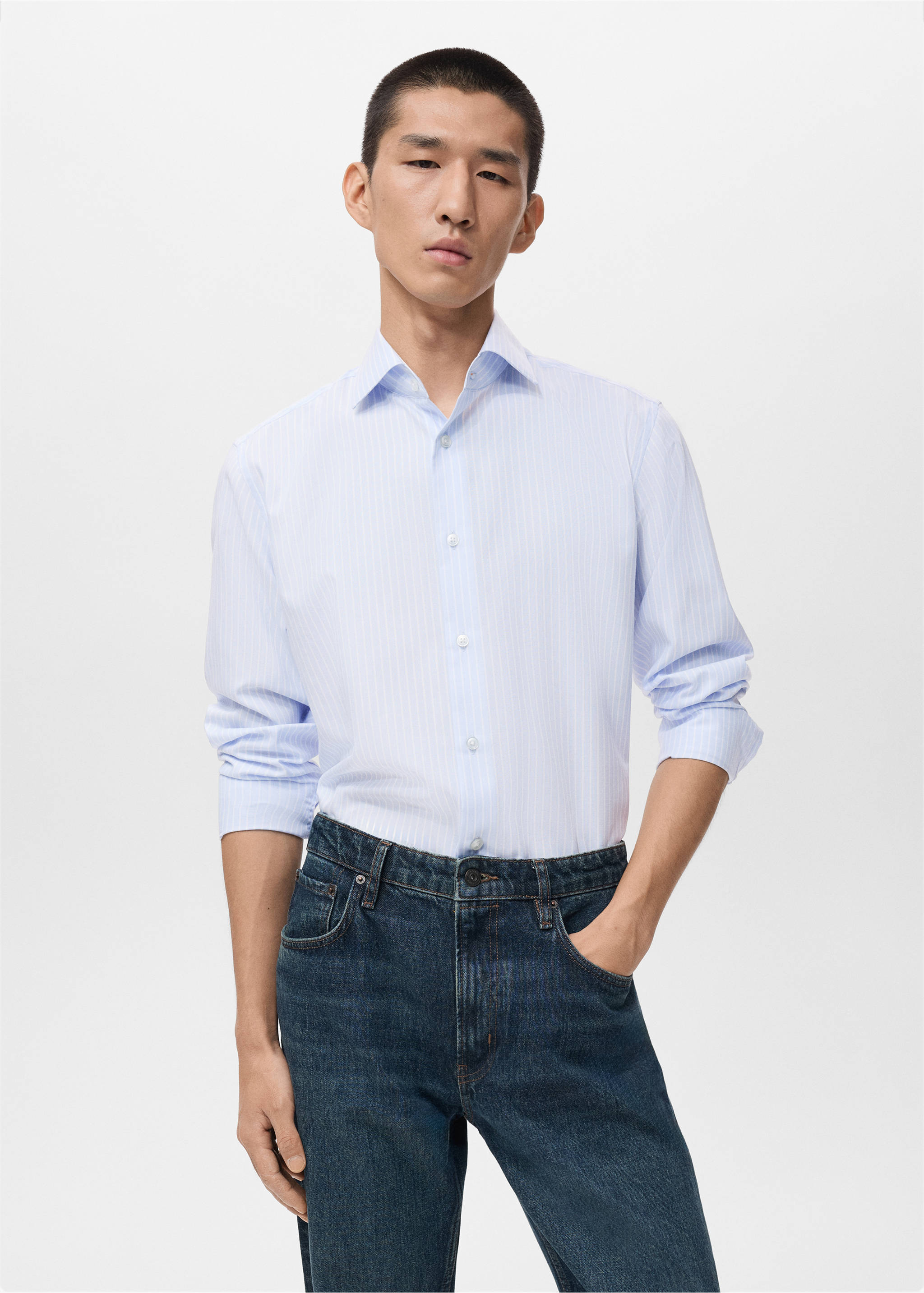 100% cotton striped slim-fit shirt - Medium plane, Sky Blue. Ref: 17066000-00.