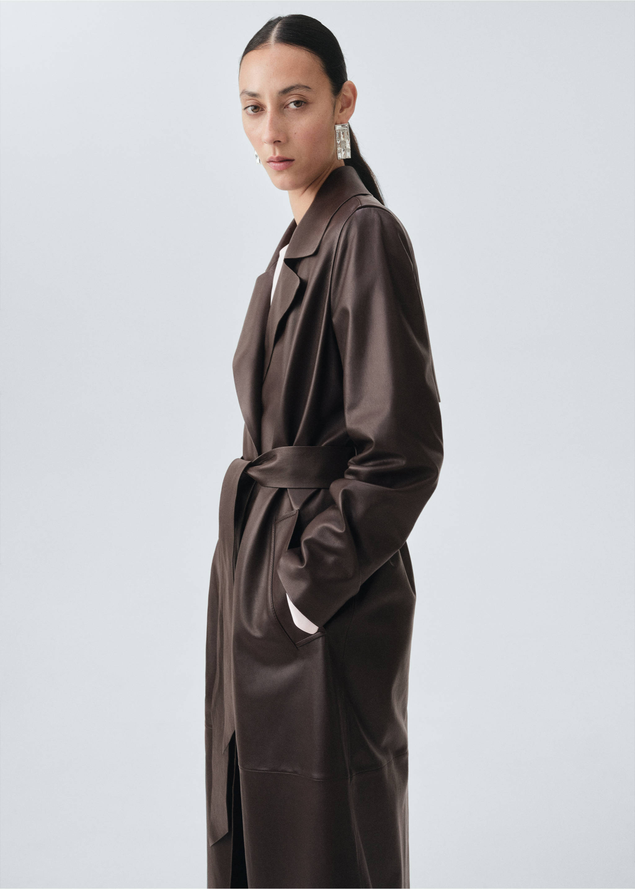 100% leather trench coat with belt - Medium plane, Brown. Ref: 17066343-00.