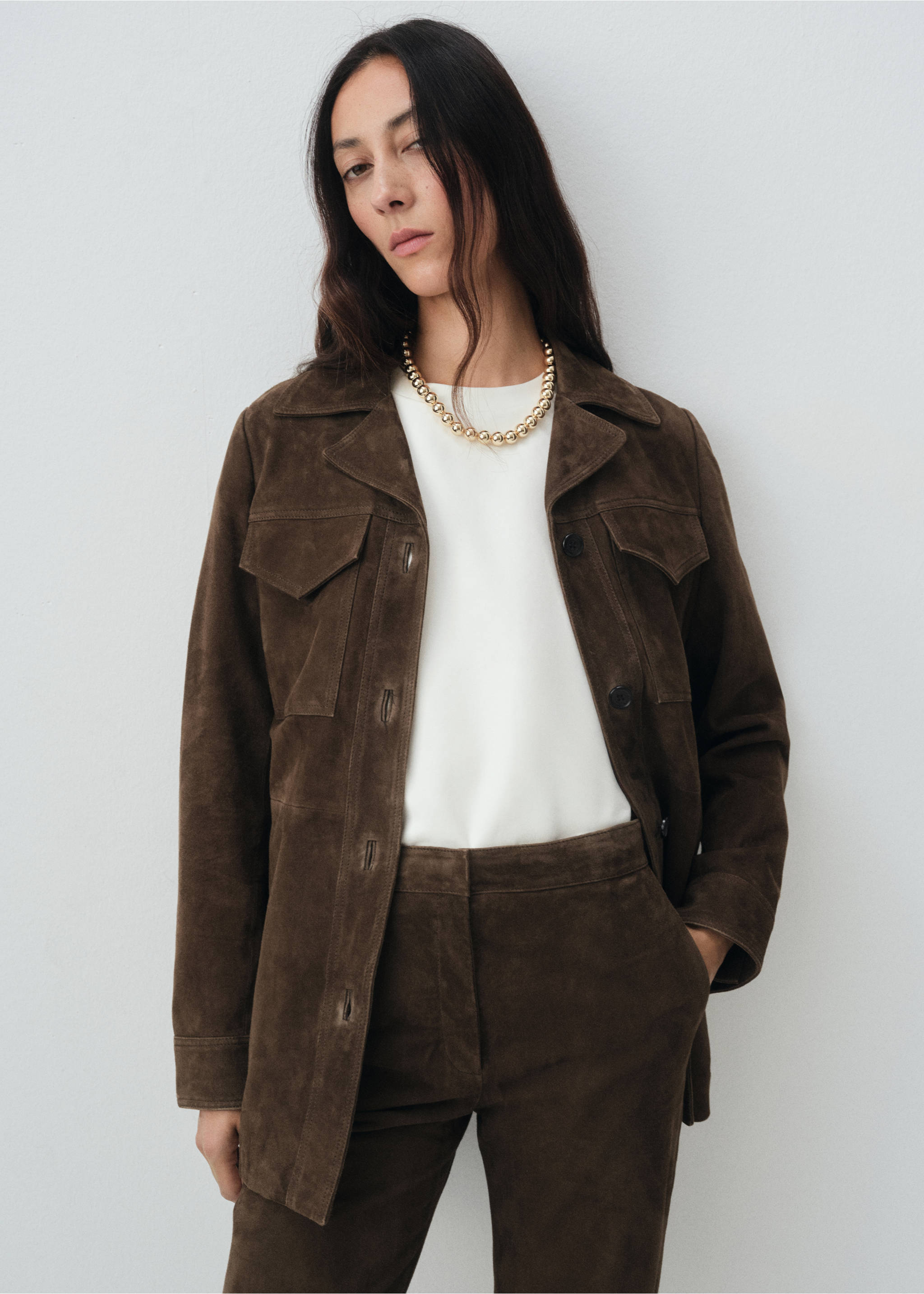 100% suede flared trousers - Details of the article 1, Khaki. Ref: 17066344-00.
