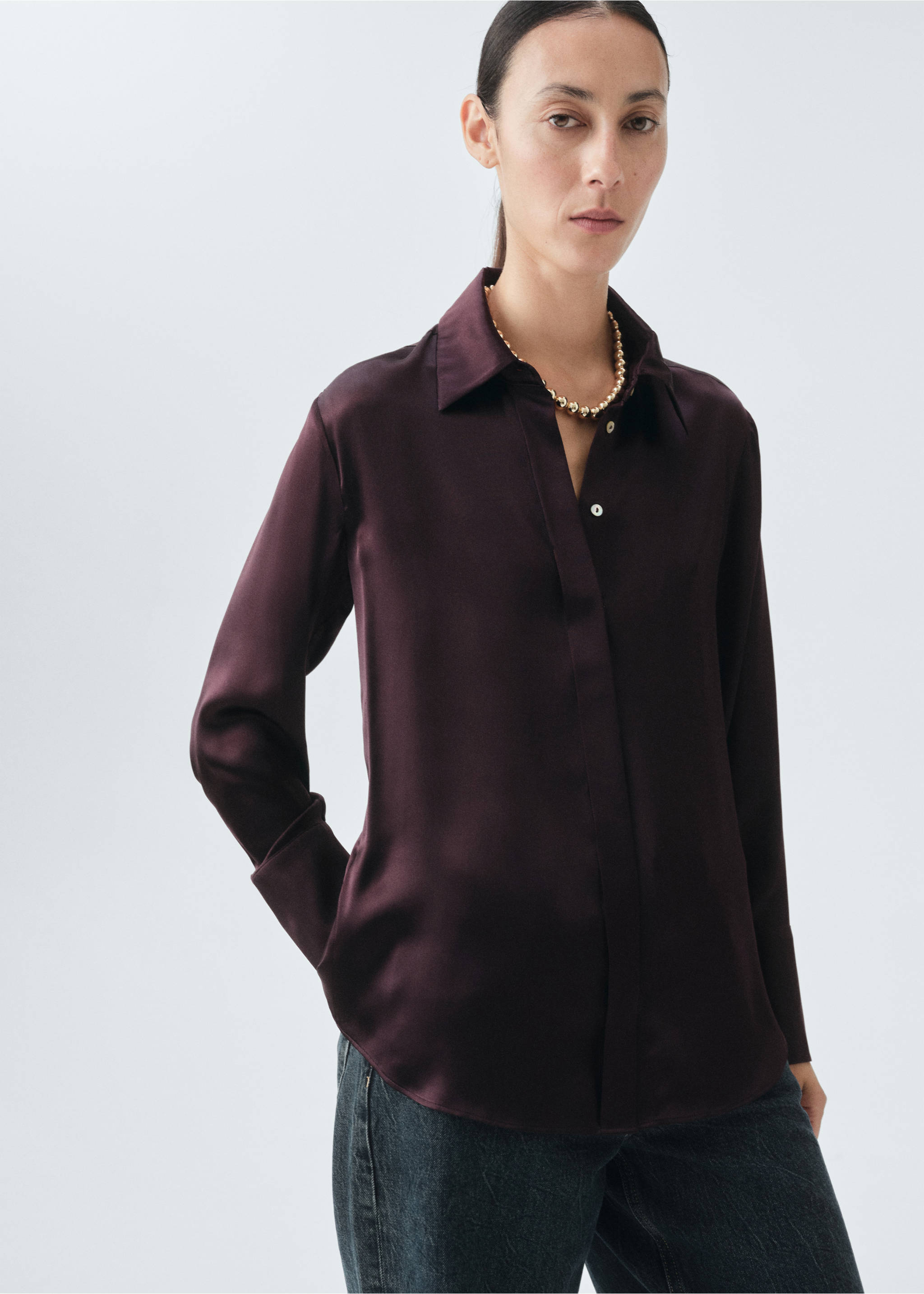 Dark plum purple satin shirt with a classic collar and long sleeves., Medium Brown. Ref: 17066350-00.