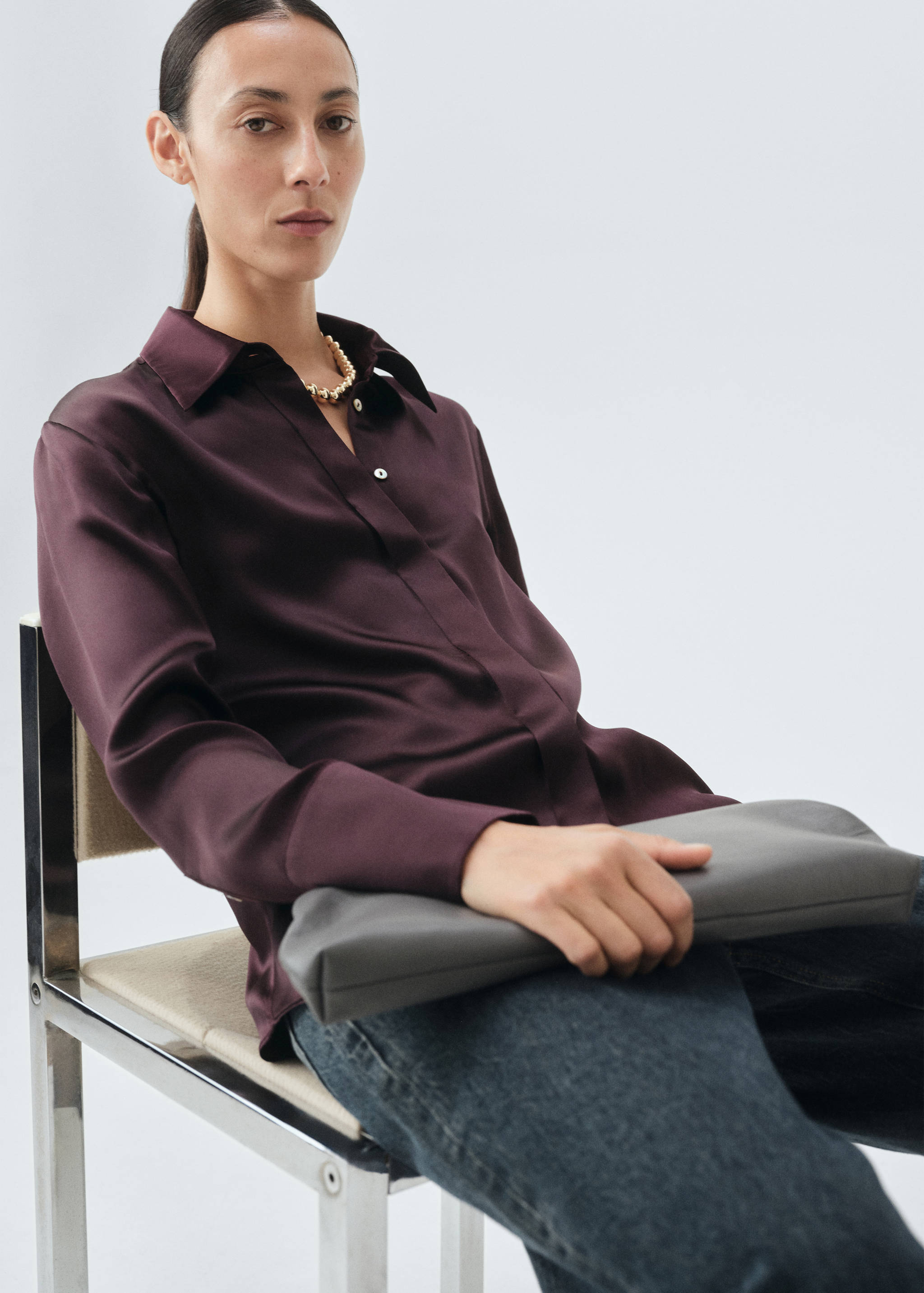 Dark plum satin shirt with long sleeves and a classic collar.