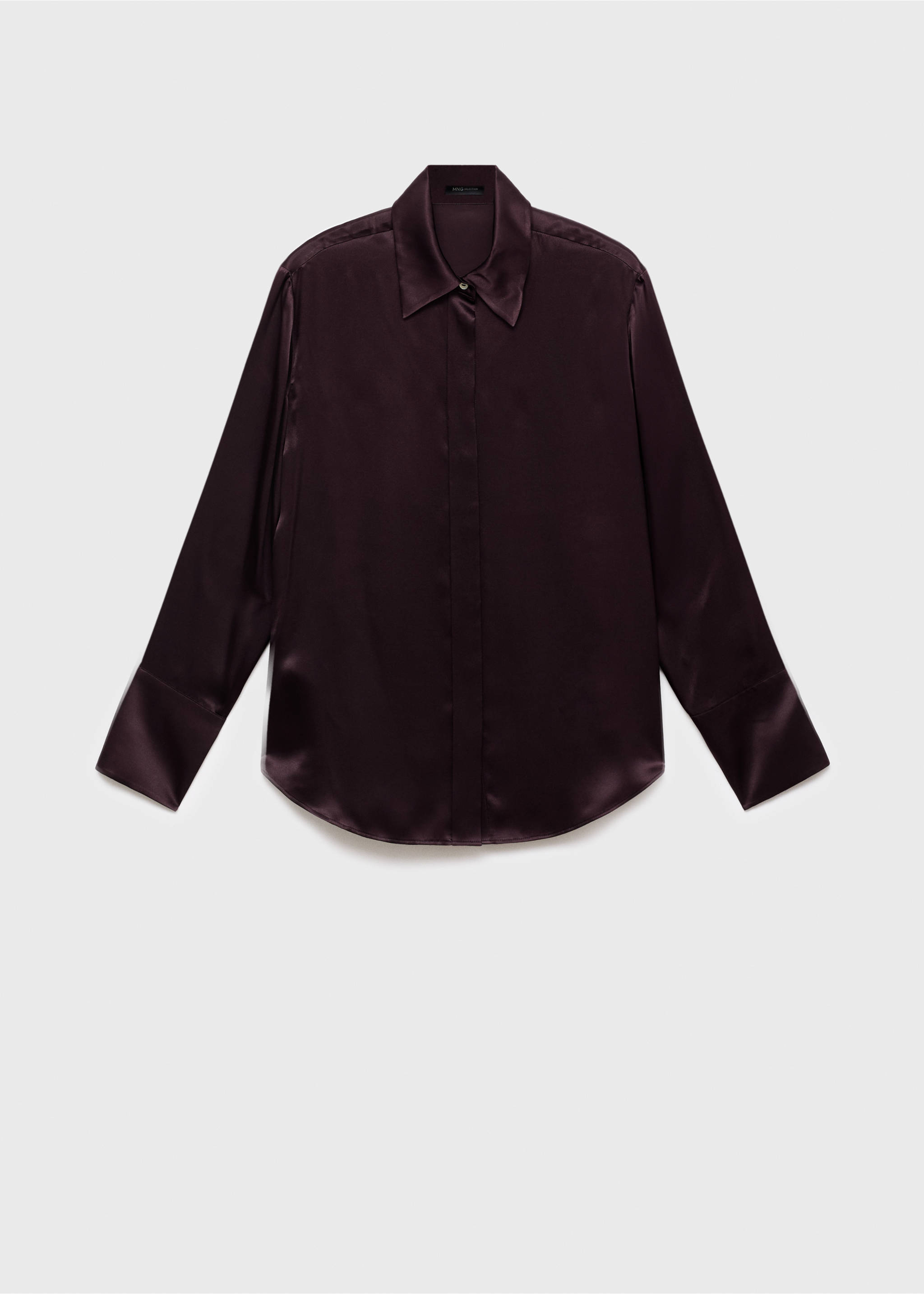 Dark plum satin shirt with a pointed collar and wide cuffs., Medium Brown. Ref: 17066350-00.
