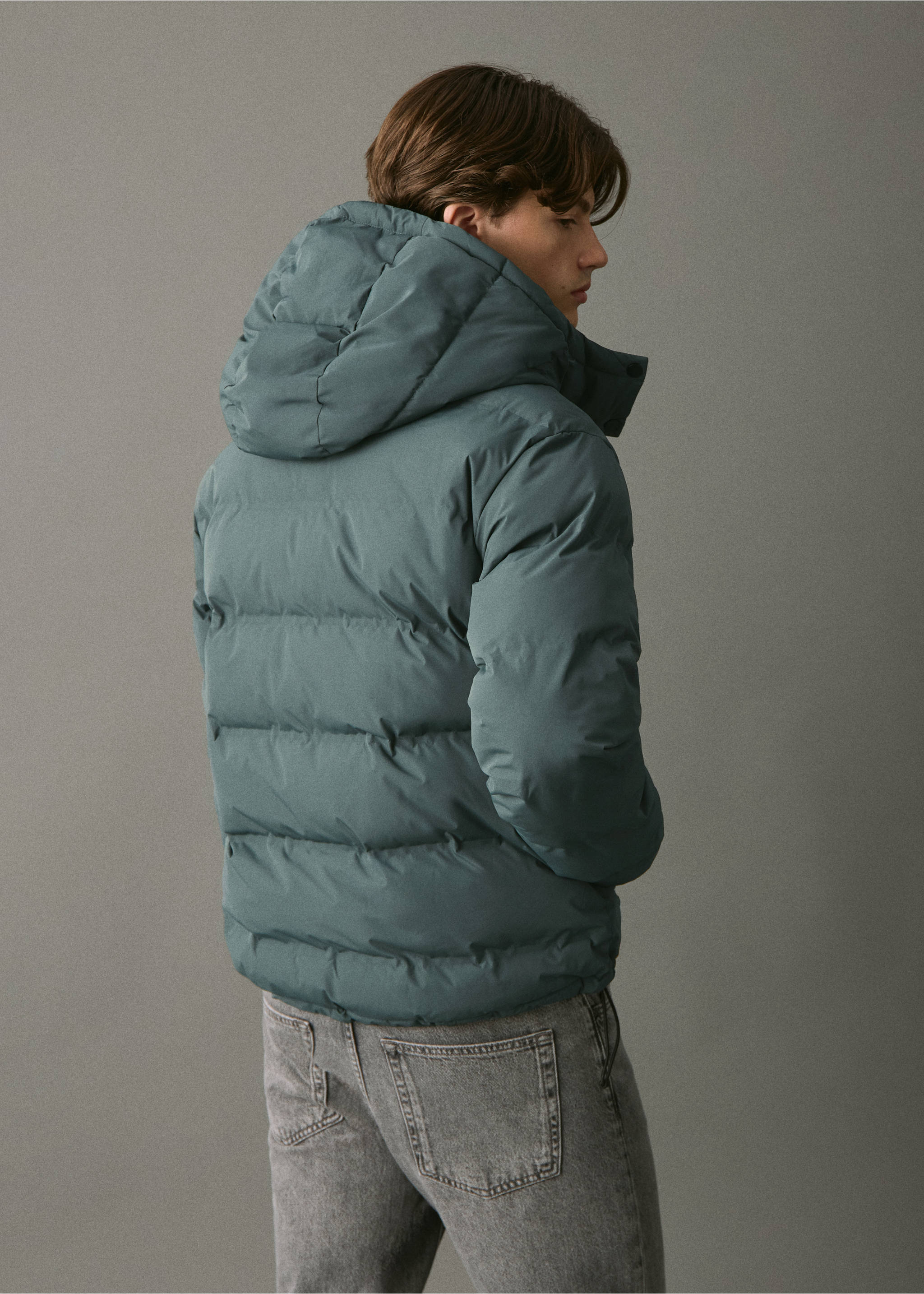 Hood puffer coat - Reverse of the article, Pastel Green. Ref: 17066720-00.