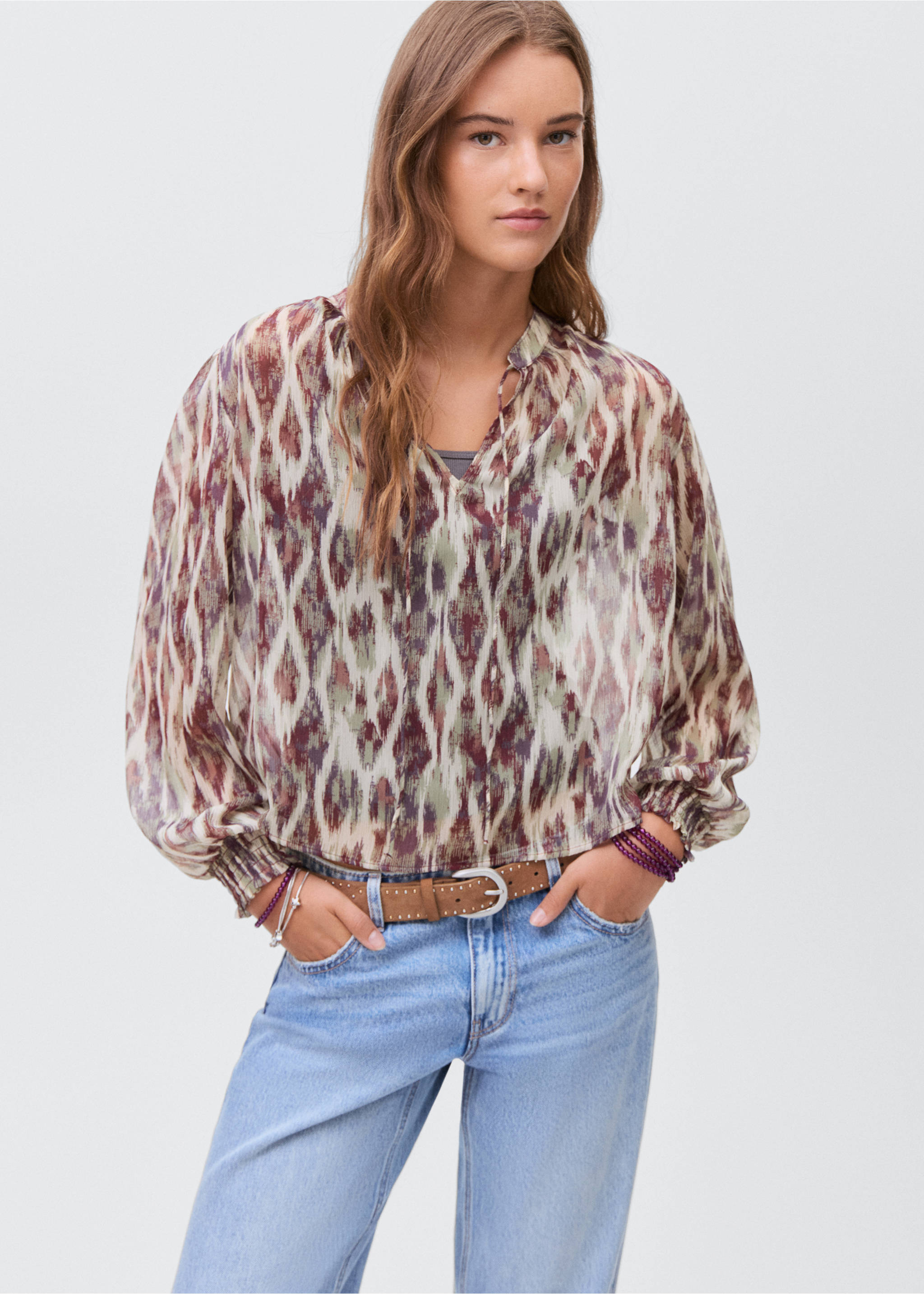 Blusa estampada semitransparente - Plano geral, Cru. Ref: 17067122-00.