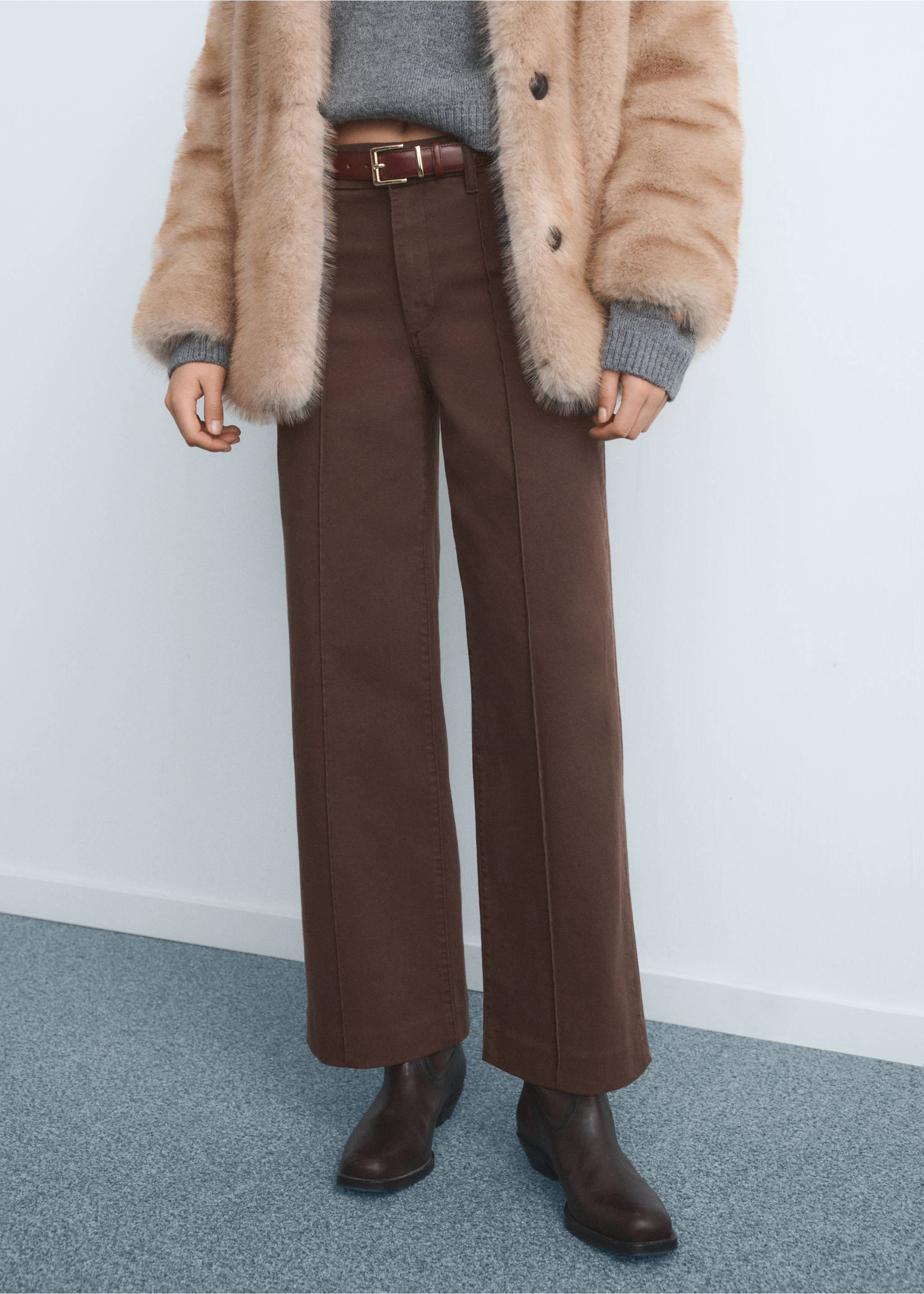 High-waisted wide leg jeans with stitching - Medium plane, Chocolate. Ref: 17067769-00.