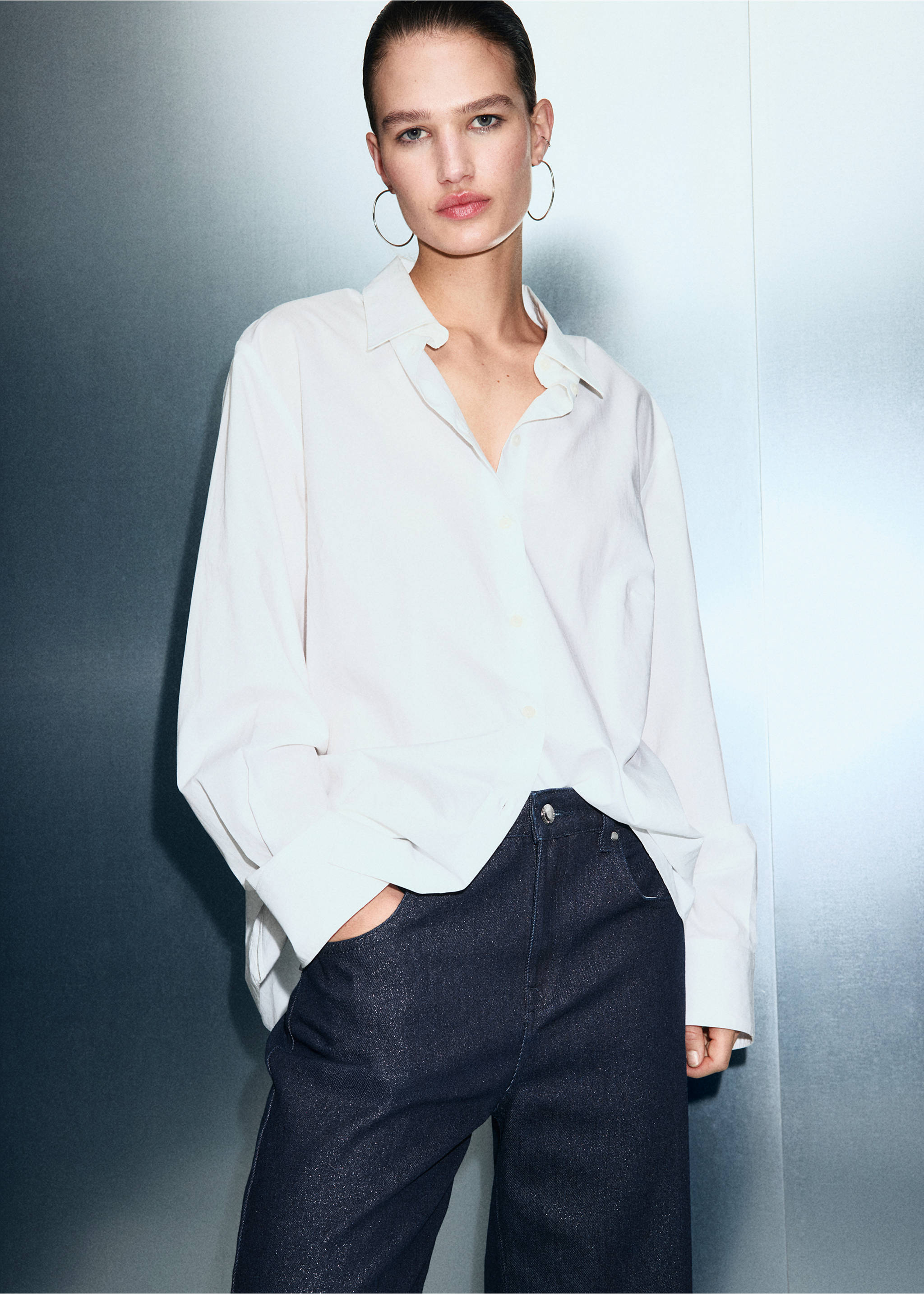 Shiny straight-leg jeans - Details of the article 1, Dark Blue. Ref: 17067797-00.