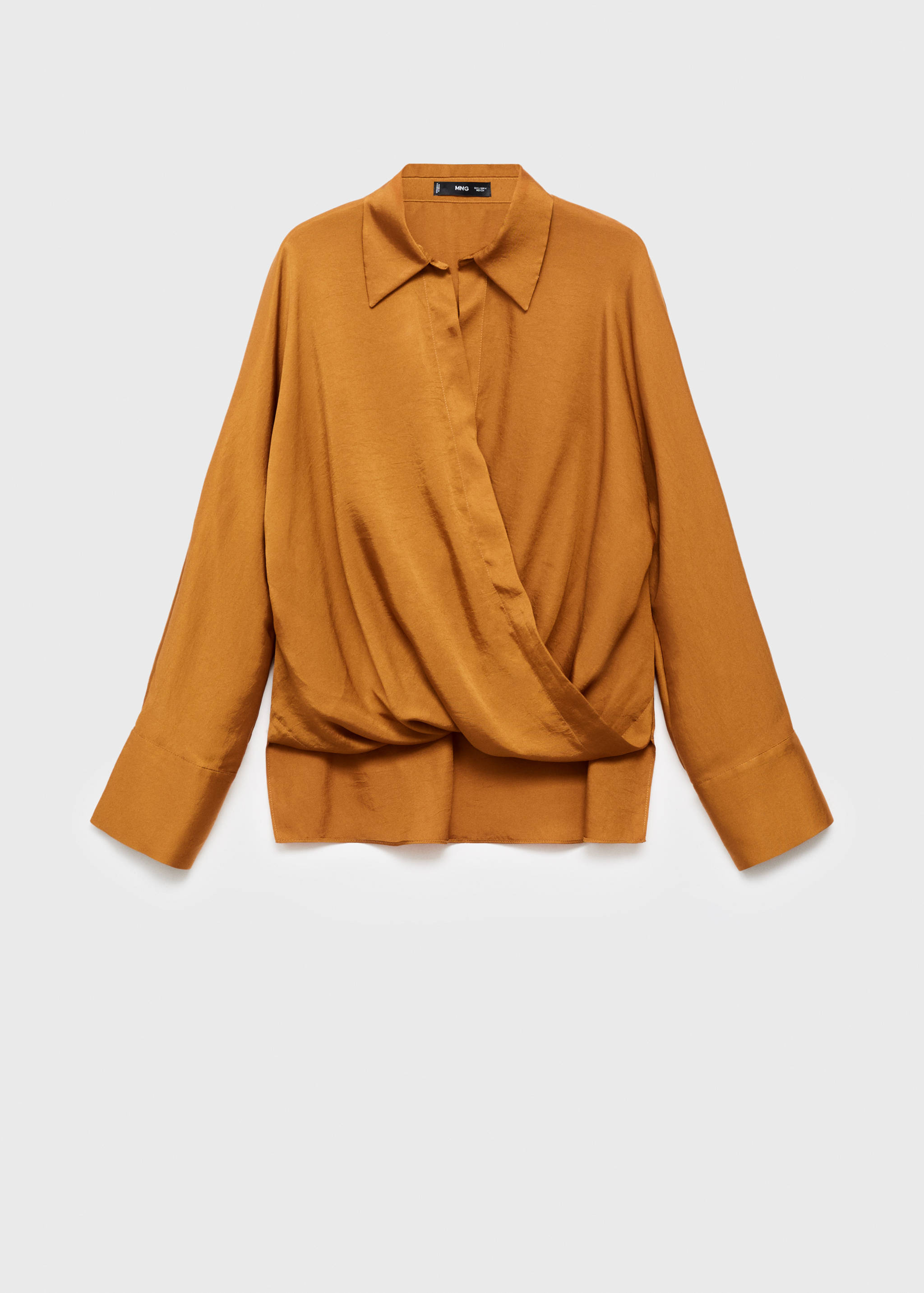 Mustard-brown wrap shirt with a pointed collar and long sleeves.