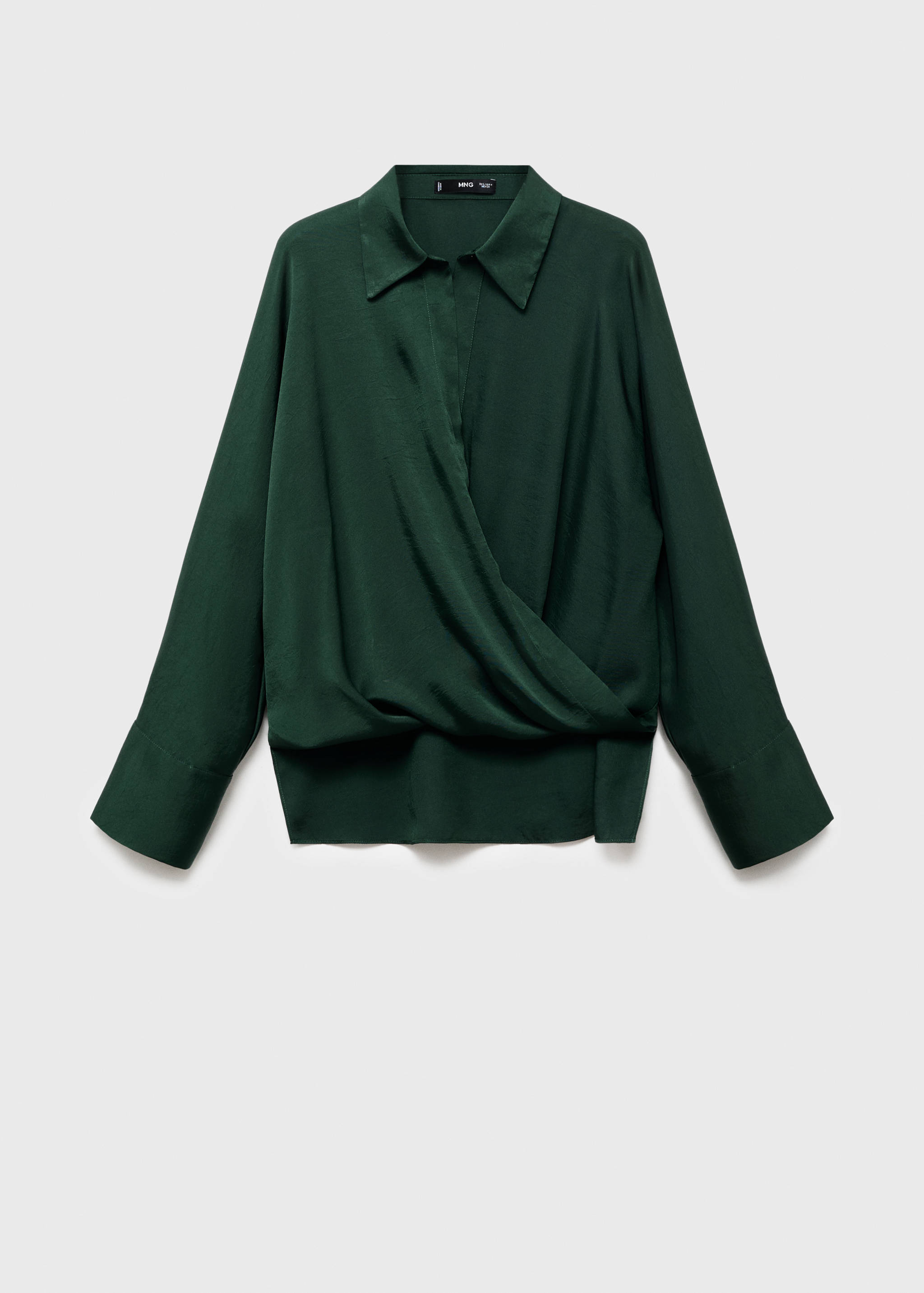 Dark green wrap shirt with a classic collar and long sleeves.