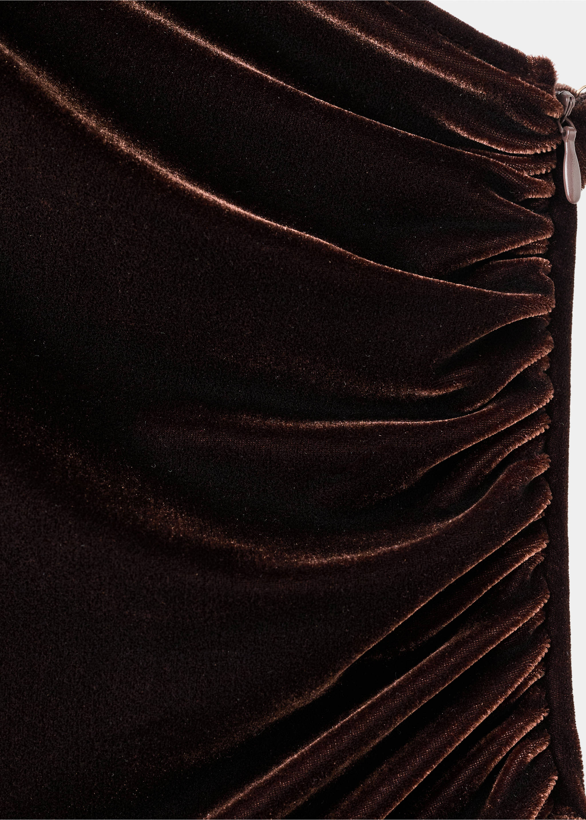 Brown velvet jumpsuit fabric detail showing diagonal ruching., Brown. Ref: 17067802-00.