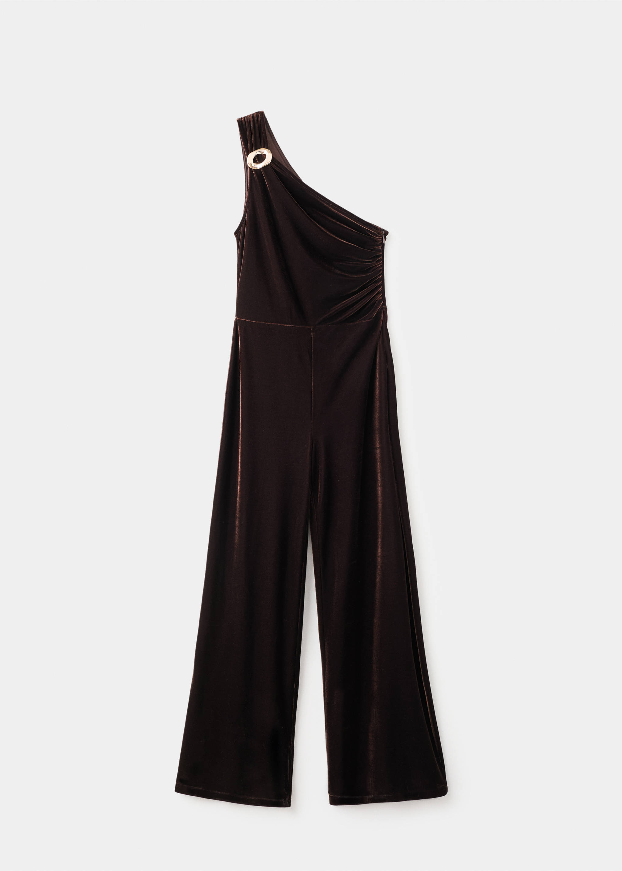 Dark brown velvet one-shoulder jumpsuit with a metallic ring detail., Brown. Ref: 17067802-00.