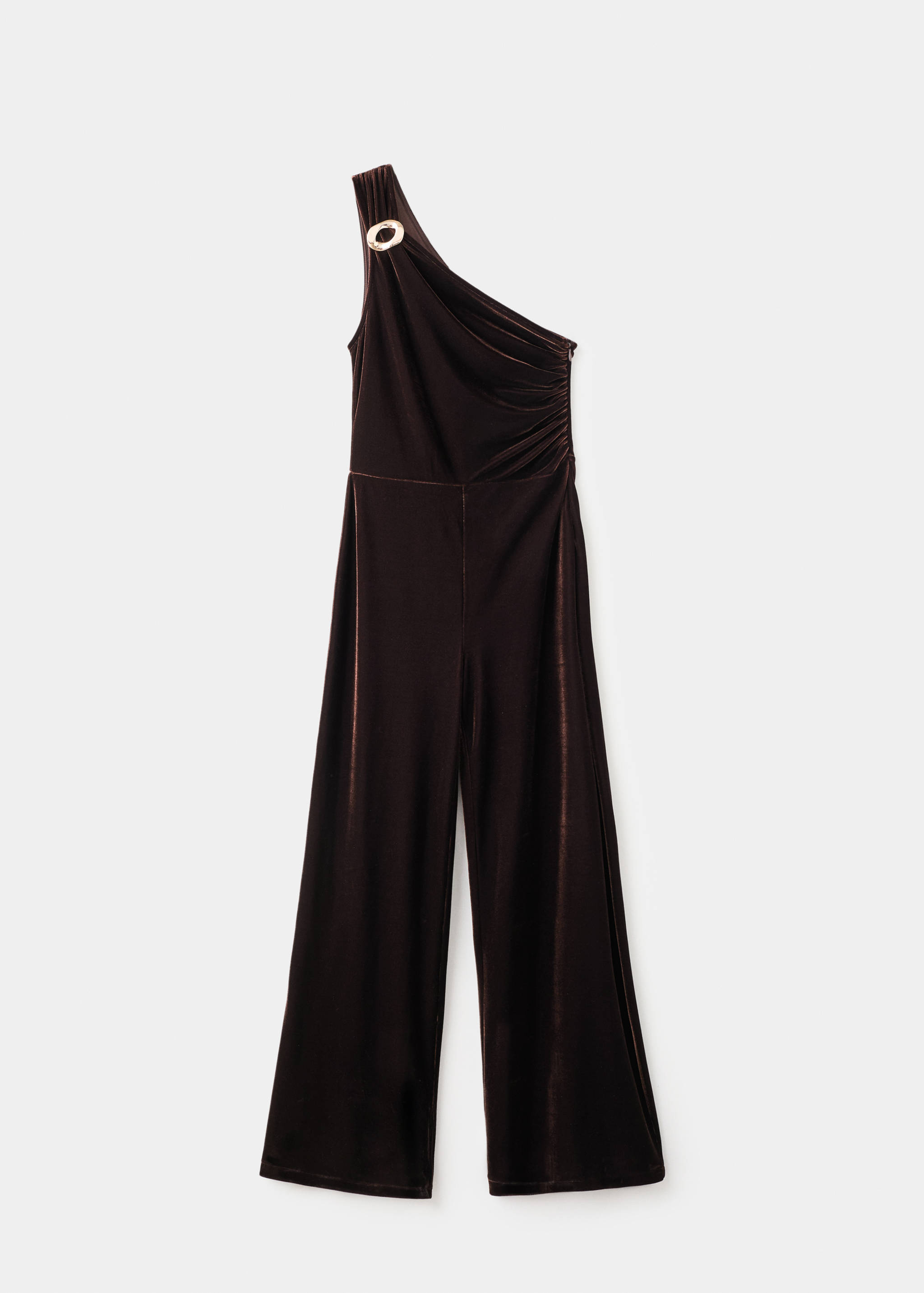 Dark brown velvet one-shoulder jumpsuit with a metallic ring detail.