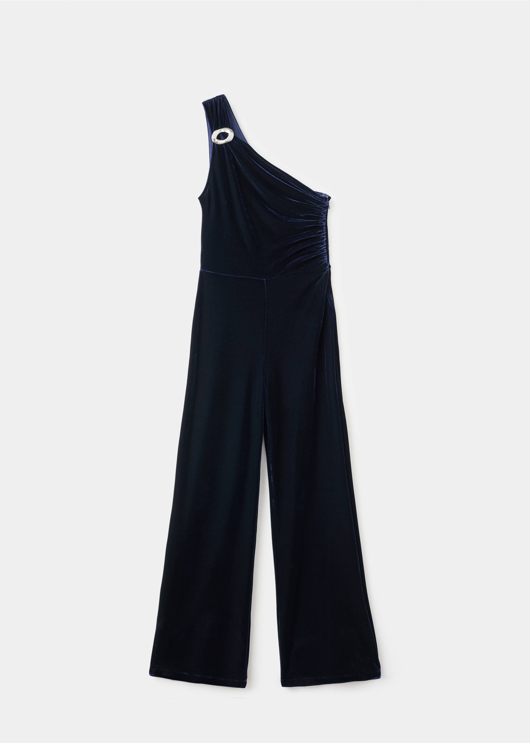 Navy blue velvet one-shoulder jumpsuit with a decorative ring detail., Navy. Ref: 17067802-00.