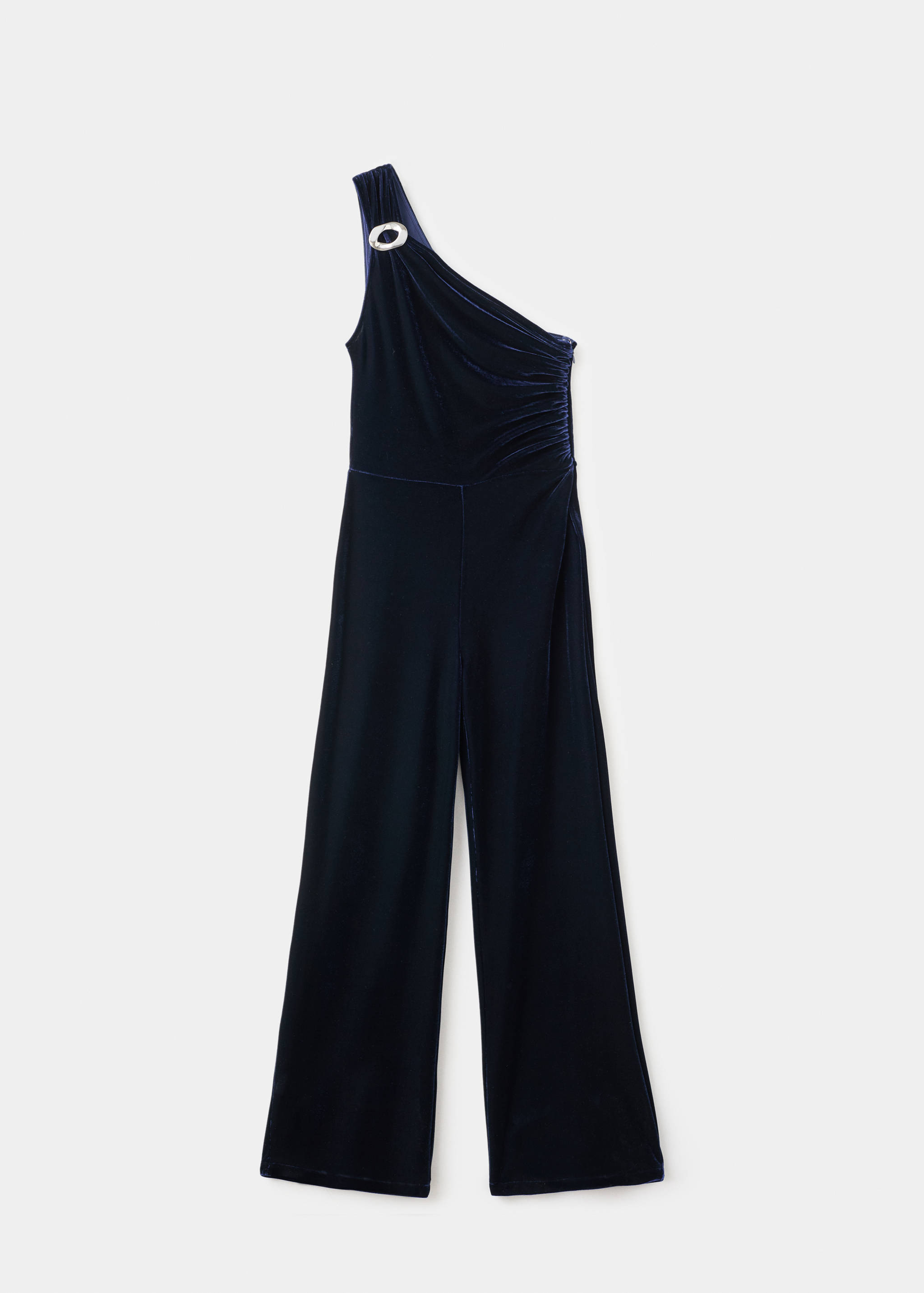 Navy blue velvet one-shoulder jumpsuit with a decorative ring detail.