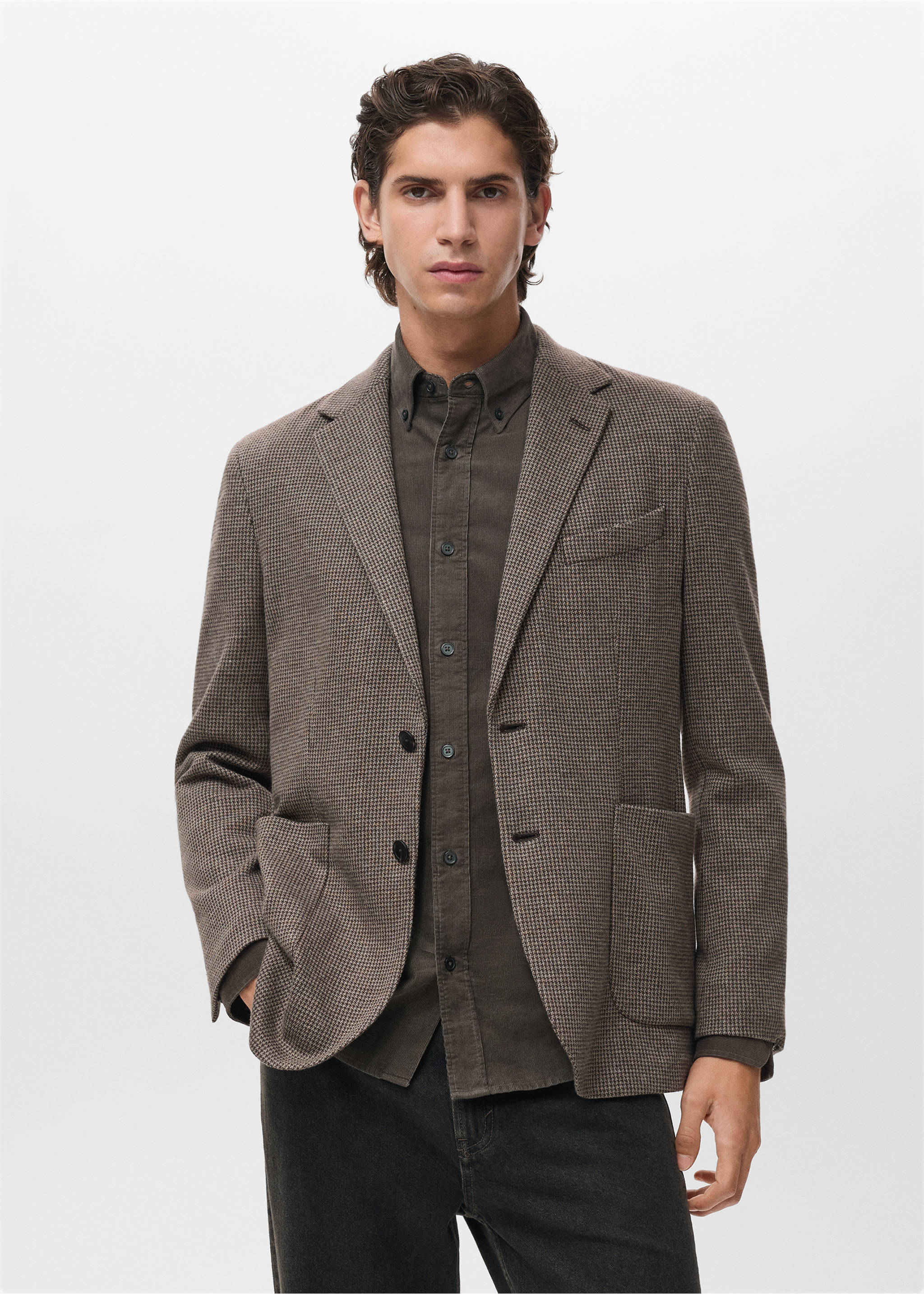 Slim-fit micro-houndstooth jacket - Medium plane, Brown. Ref: 17067886-00.