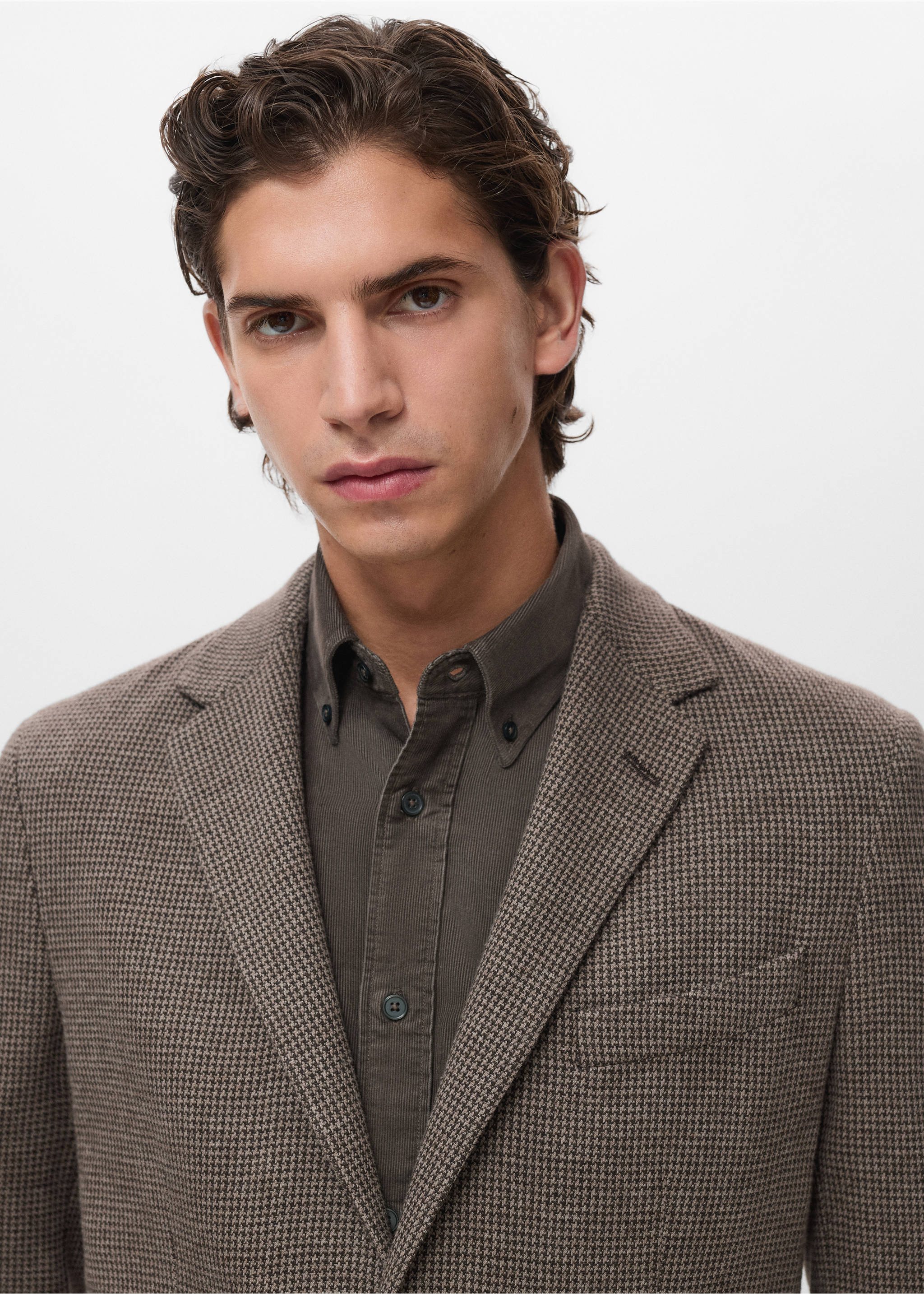 Slim-fit micro-houndstooth jacket - Details of the article 1, Brown. Ref: 17067886-00.