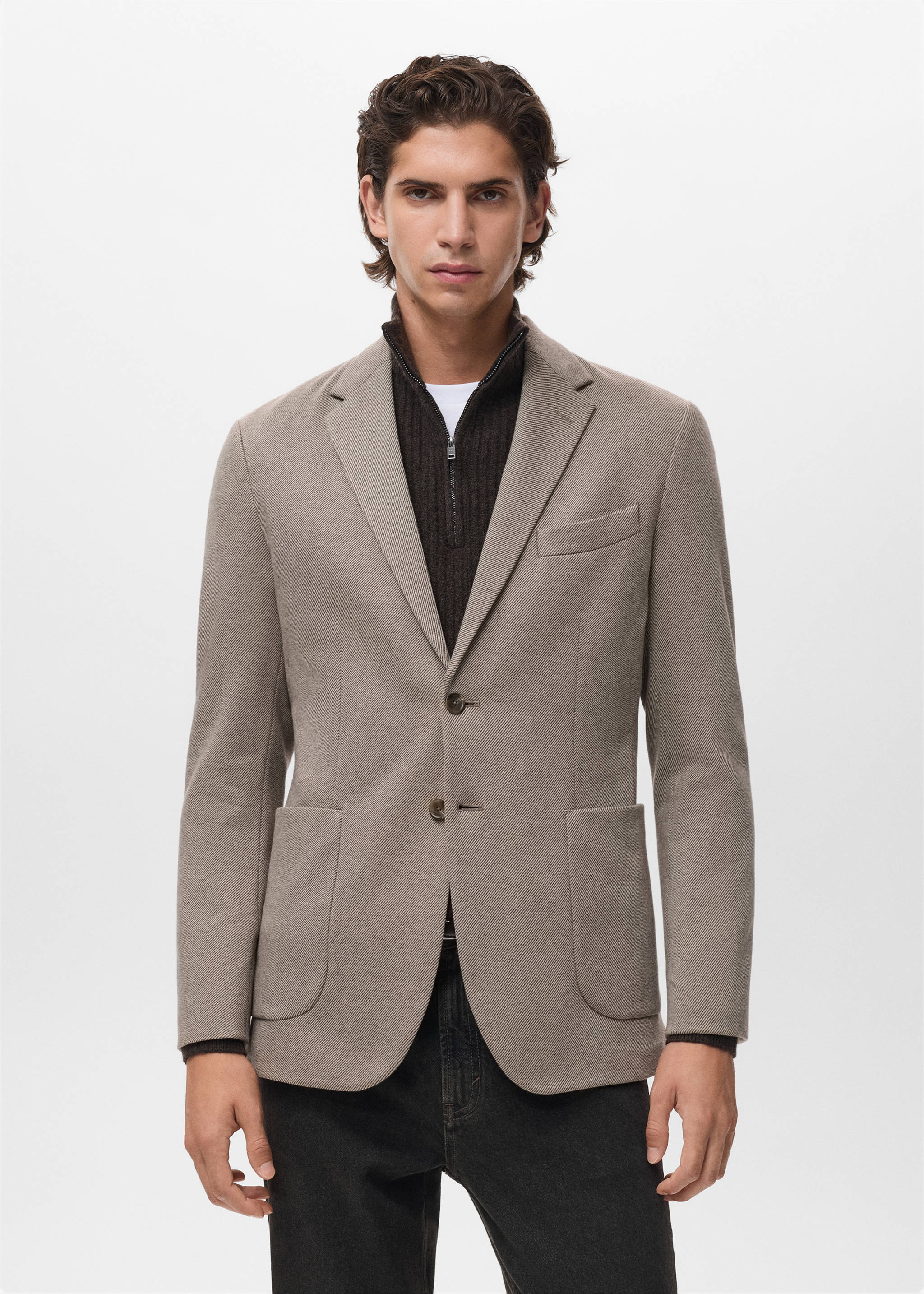 Slim-fit micro-houndstooth jacket - Medium plane, Beige. Ref: 17067887-00.