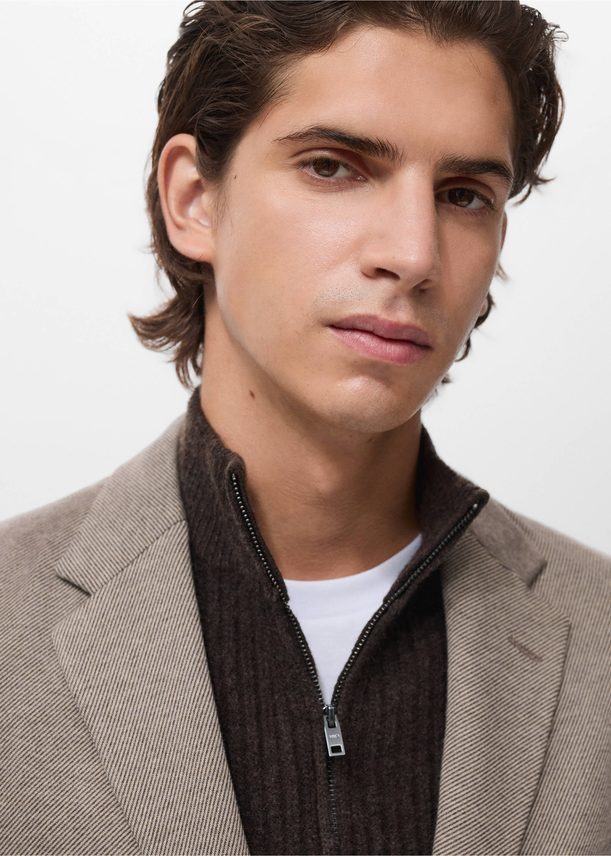Slim-fit micro-houndstooth jacket - Details of the article 1, Beige. Ref: 17067887-00.