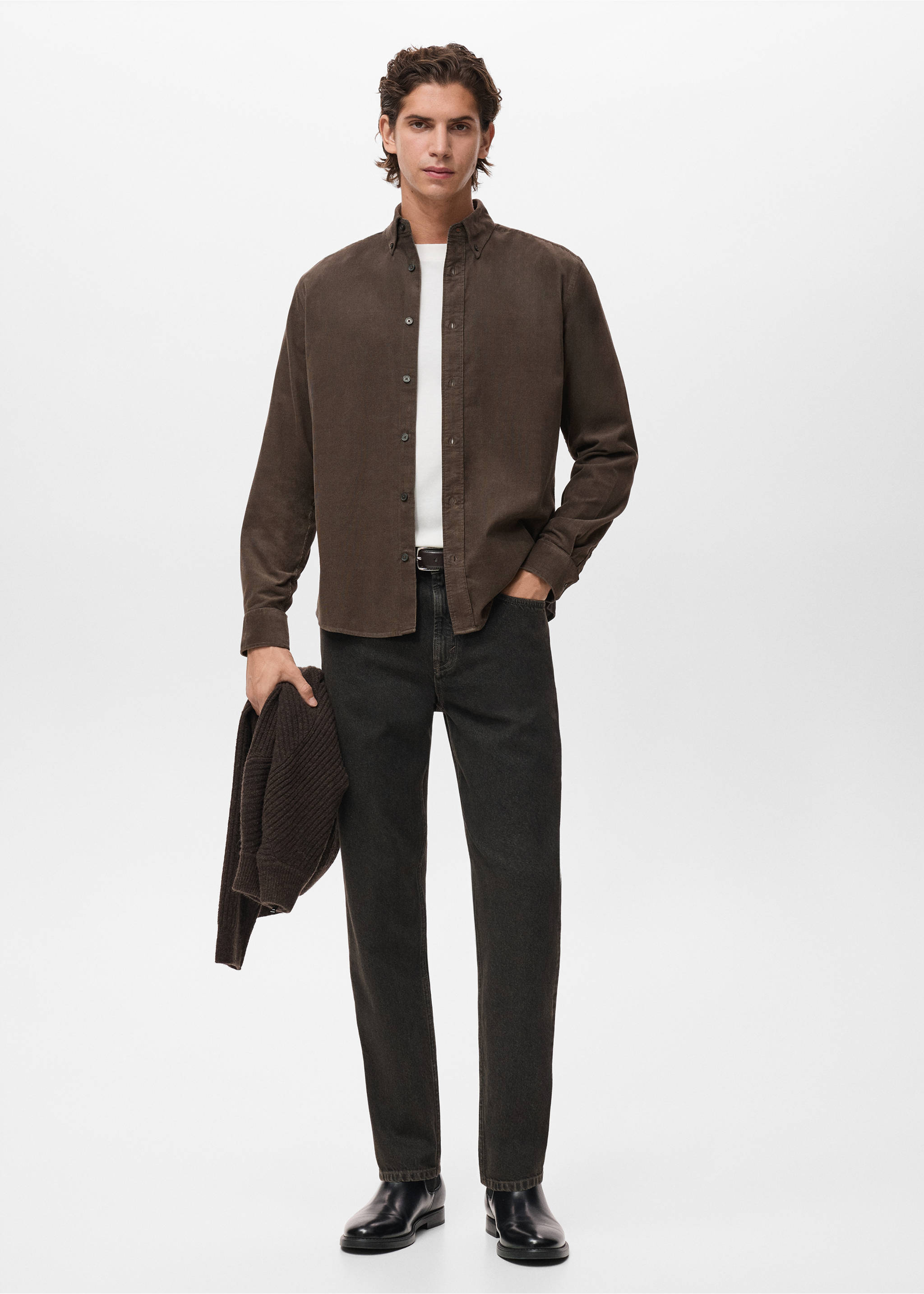 Classic-fit micro-corduroy shirt - General plane, Medium Brown. Ref: 17067899-00.