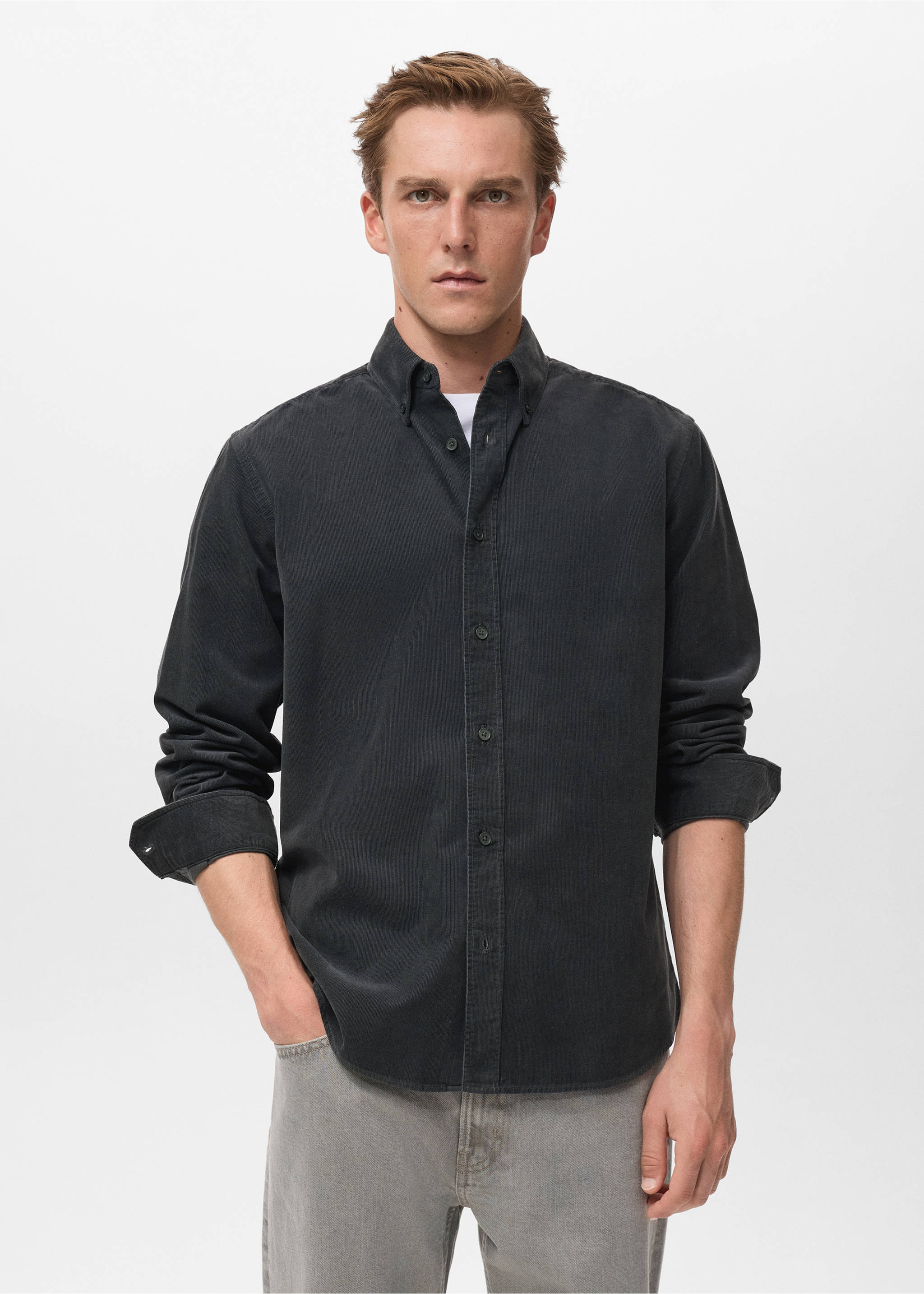 Classic-fit micro-corduroy shirt - Medium plane, Grey. Ref: 17067899-00.